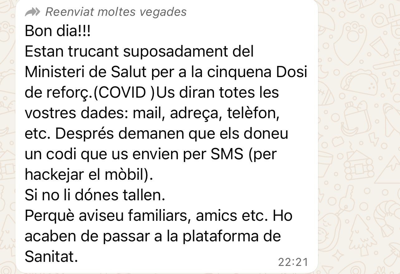 El missatge d'alerta que circula per WhatsApp.