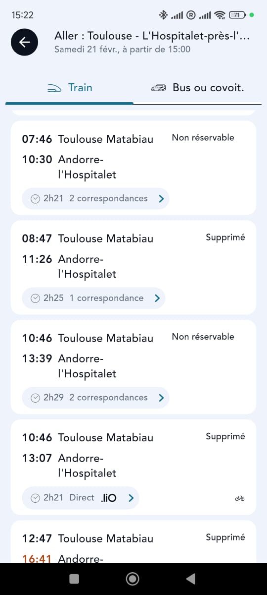 Una captura de pantalla dels trajectes suprimits per dissabte 21 de Toulouse cap a Andorra. Una captura de pantalla dels trajectes suprimits per dissabte 21 de Toulouse cap a Andorra.