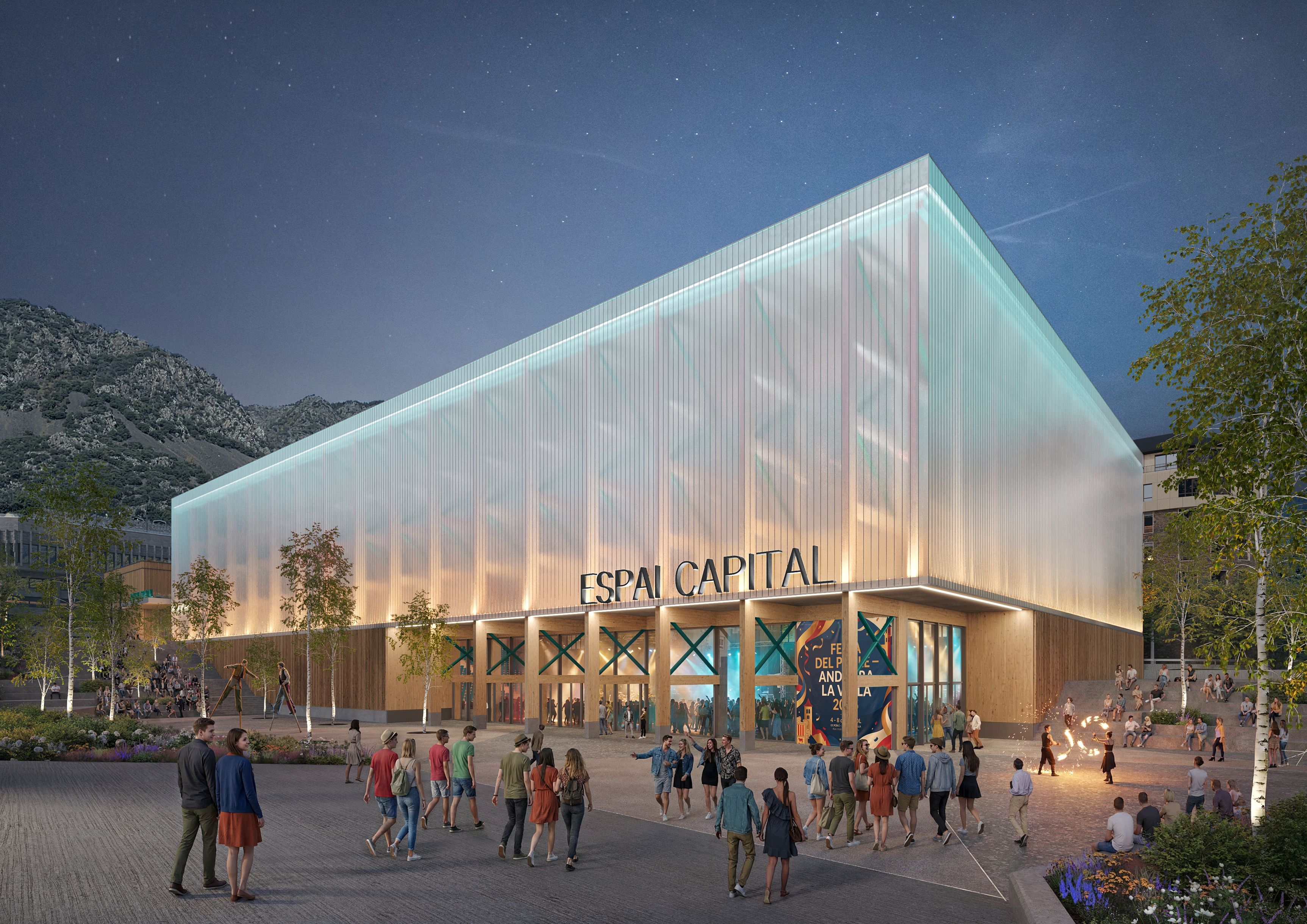Recreació dels jocs de llums a la nit de l'Espai Capital. // Altura Arquitectes / Comú d'Andorra la Vella Recreació dels jocs de llums a la nit de l'Espai Capital. // Altura Arquitectes / Comú d'Andorra la Vella