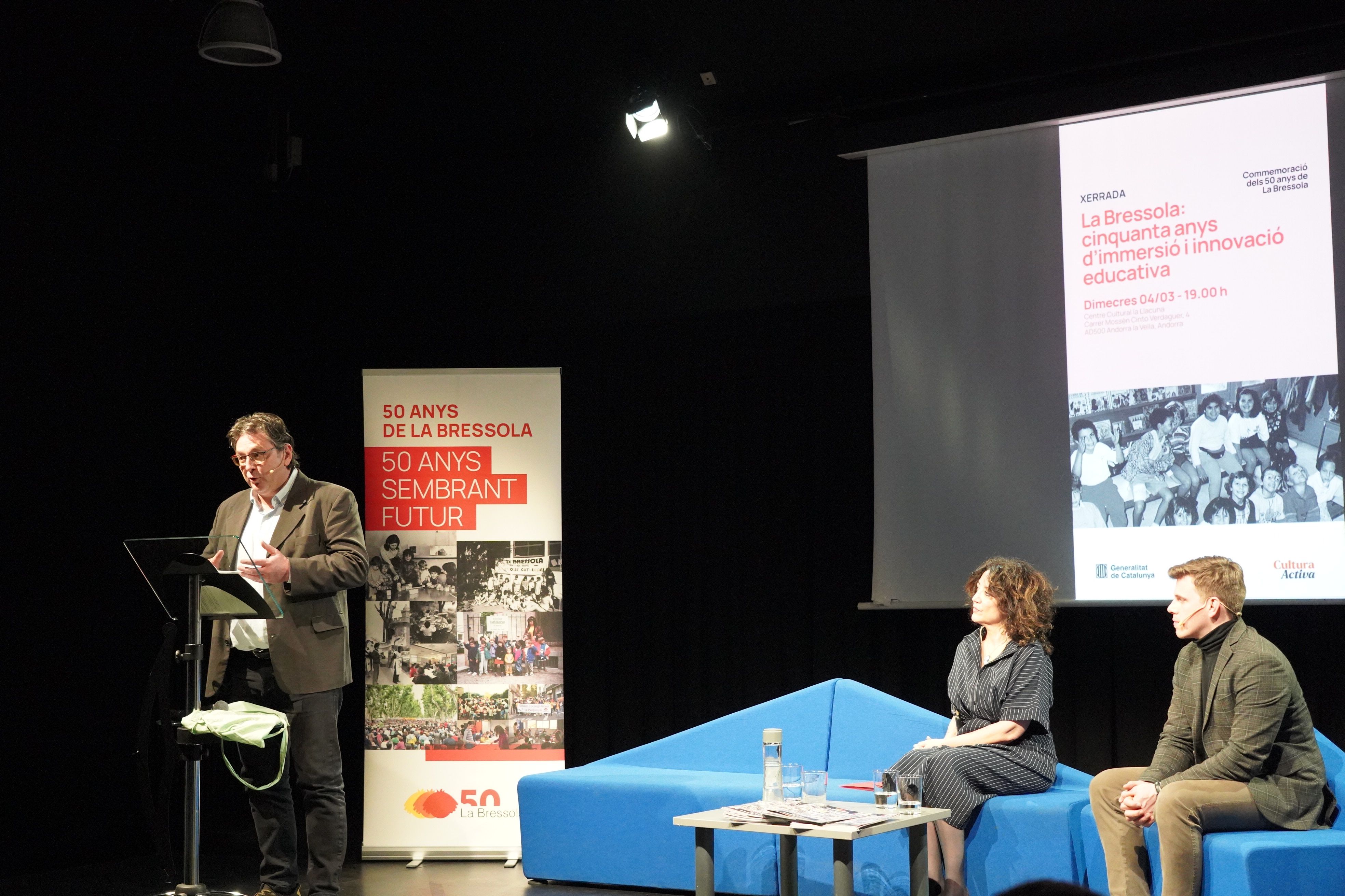 Andreu, Nivet i Areny durant l’acte de commemoració dels 50 anys de La Bressola.