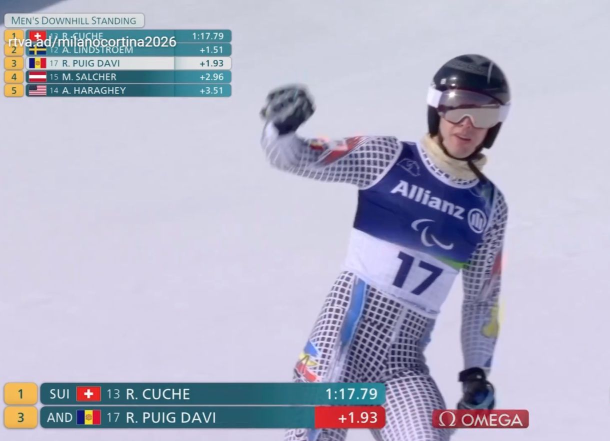 Roger Puig, en una imatge televisiva celebrant la seva baixada a la pista Olympia delle Tofane. 