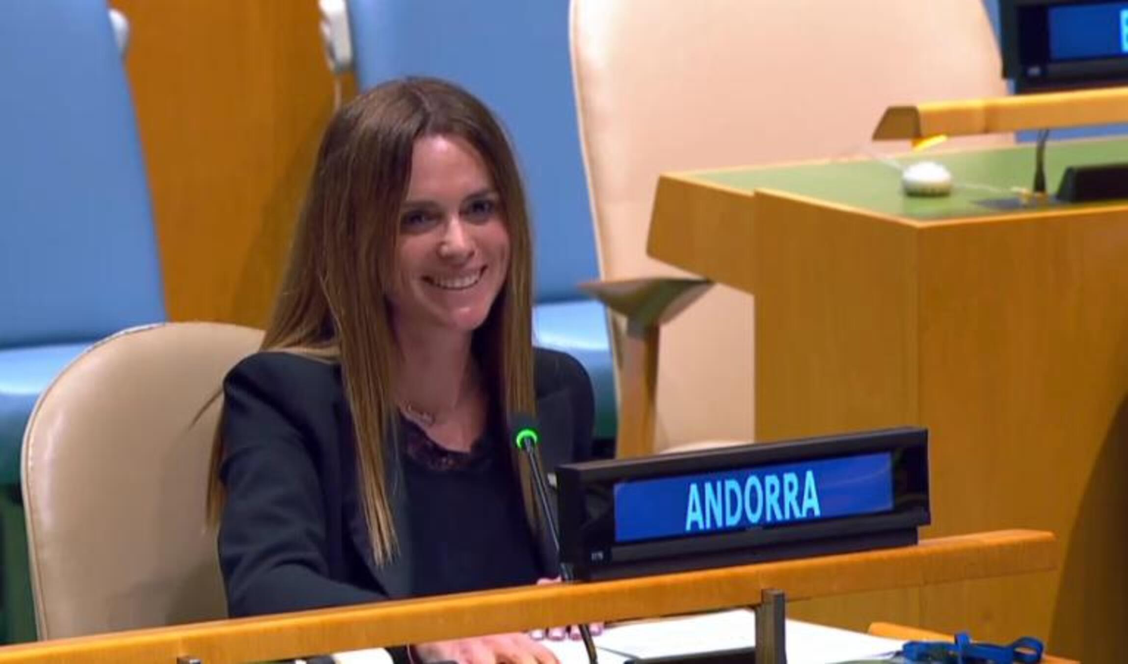 Mariona Cadena al ple de la sessió celebrada a l'ONU.