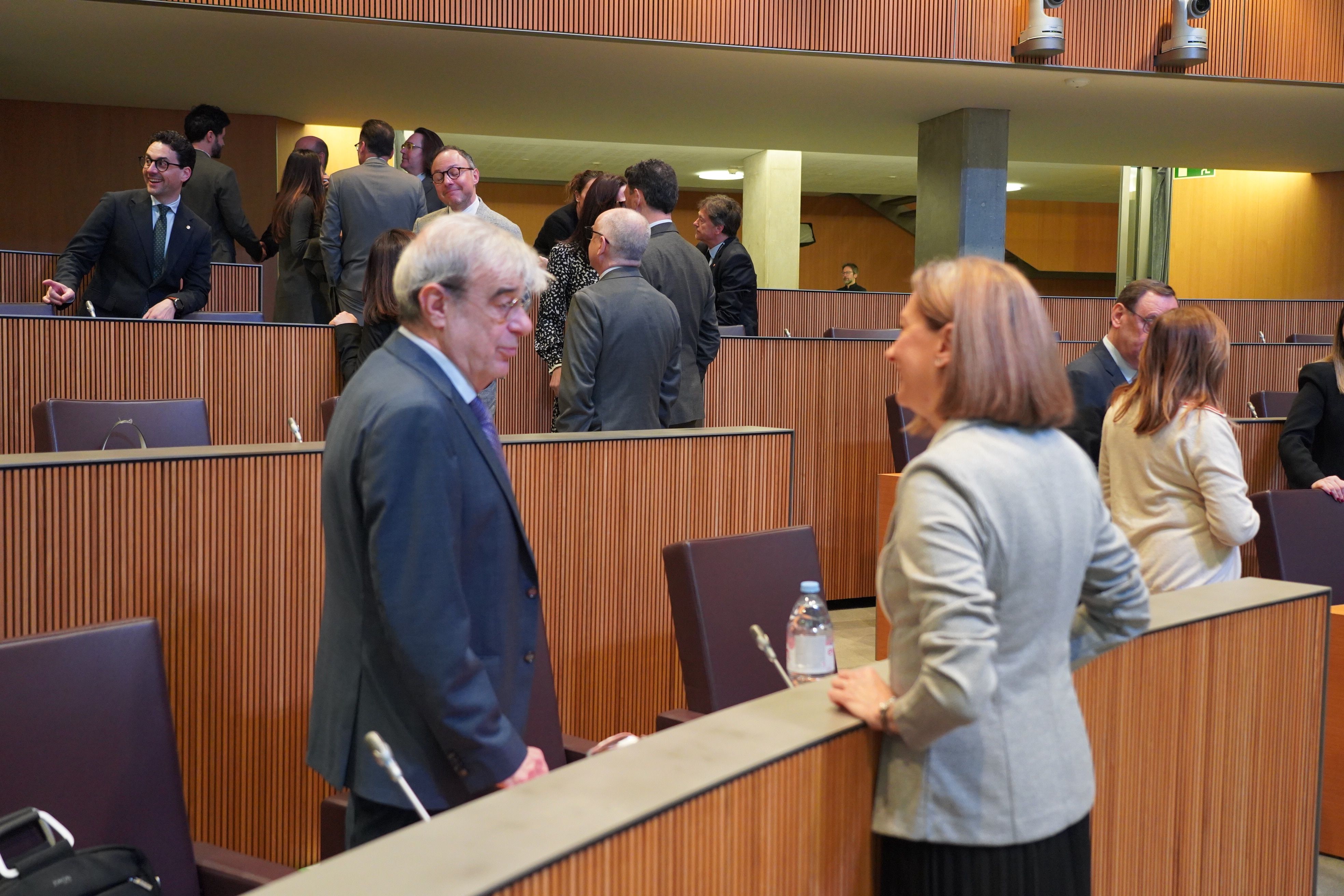 Baró parla amb la consellera general i secretària de Sindicatura, Maria Àngels Aché, abans de la sessió.
