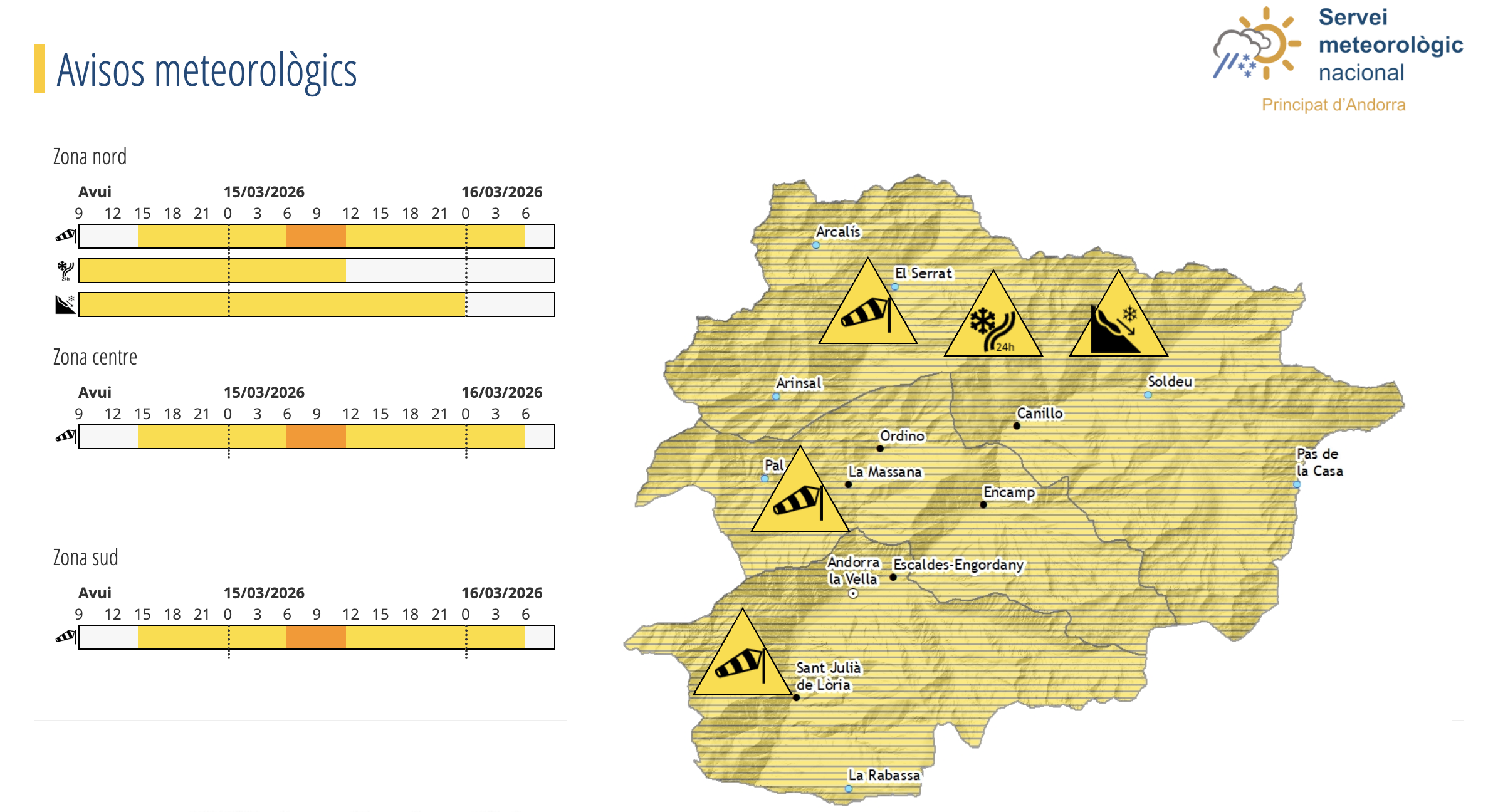 El mapa d'avisos del Servei Meteorològic.