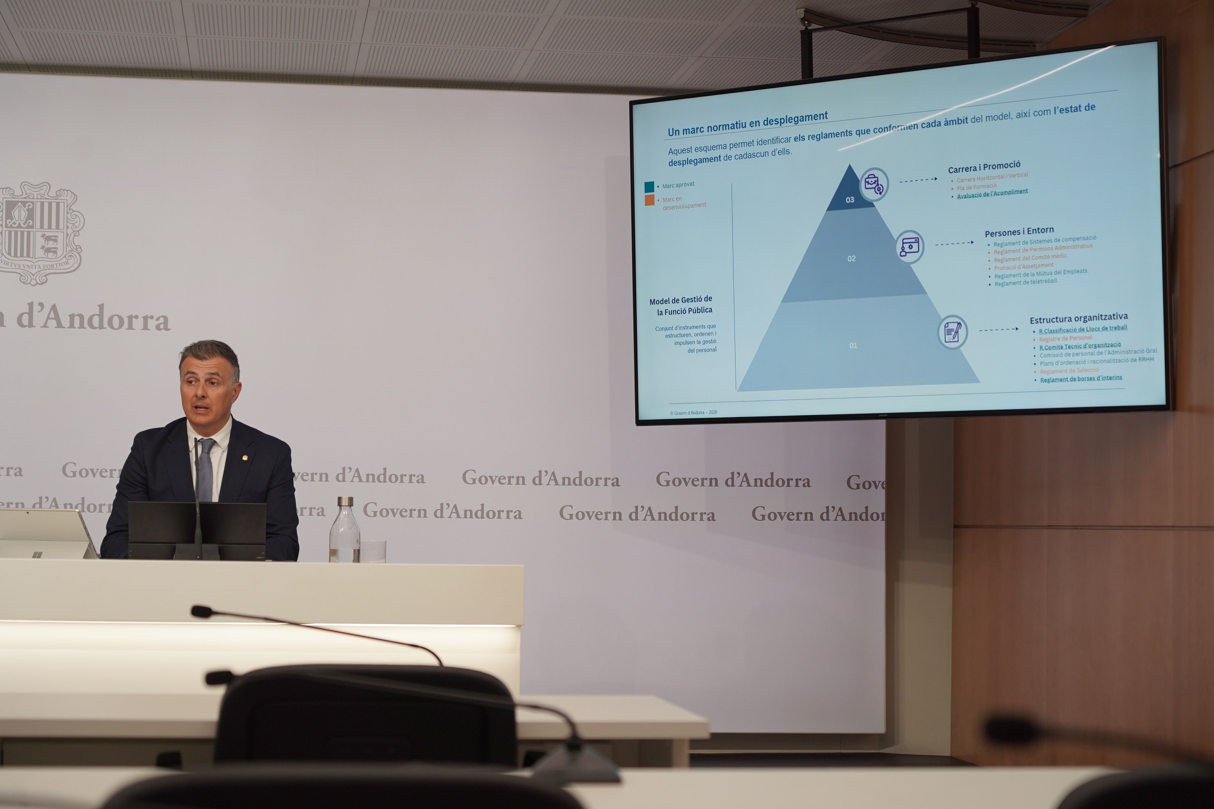 El ministre Marc Rossell donant explicacions dels reglaments de la Funció Pública.