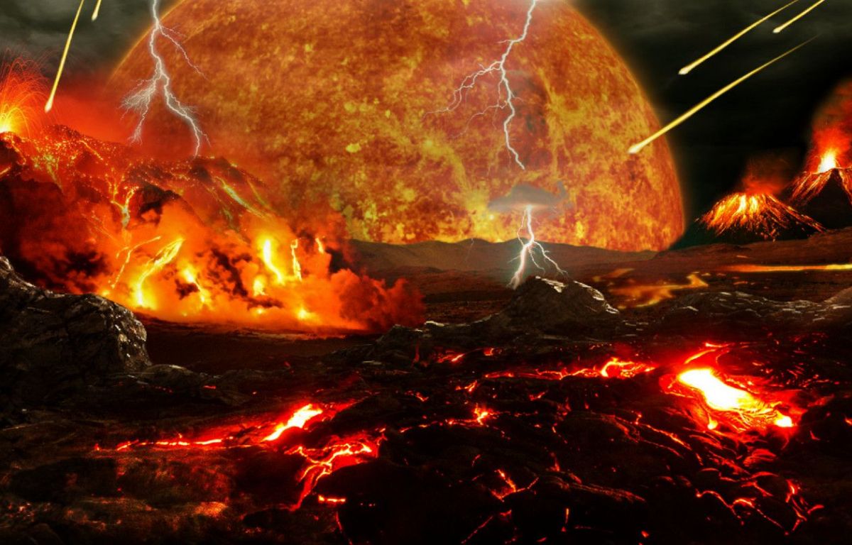 Visió artística de com podia ser la Terra fa 4.000 milions d'anys durant el Hadeà. Al fons la lluna recent formada es trobava només a 1/10 part de la distancia actual - Crèdit: Tim Bertelink