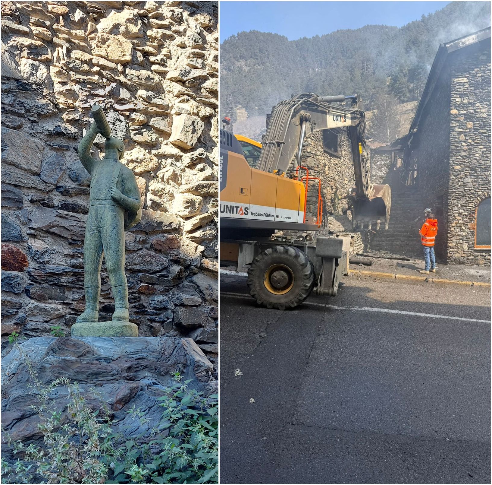 L'escultura i, al costat, just abans que entre els operaris de l'empresa d'enderroc i els bombers retiressin la peça. L'escultura i, al costat, just abans que entre els operaris de l'empresa d'enderroc i els bombers retiressin la peça.