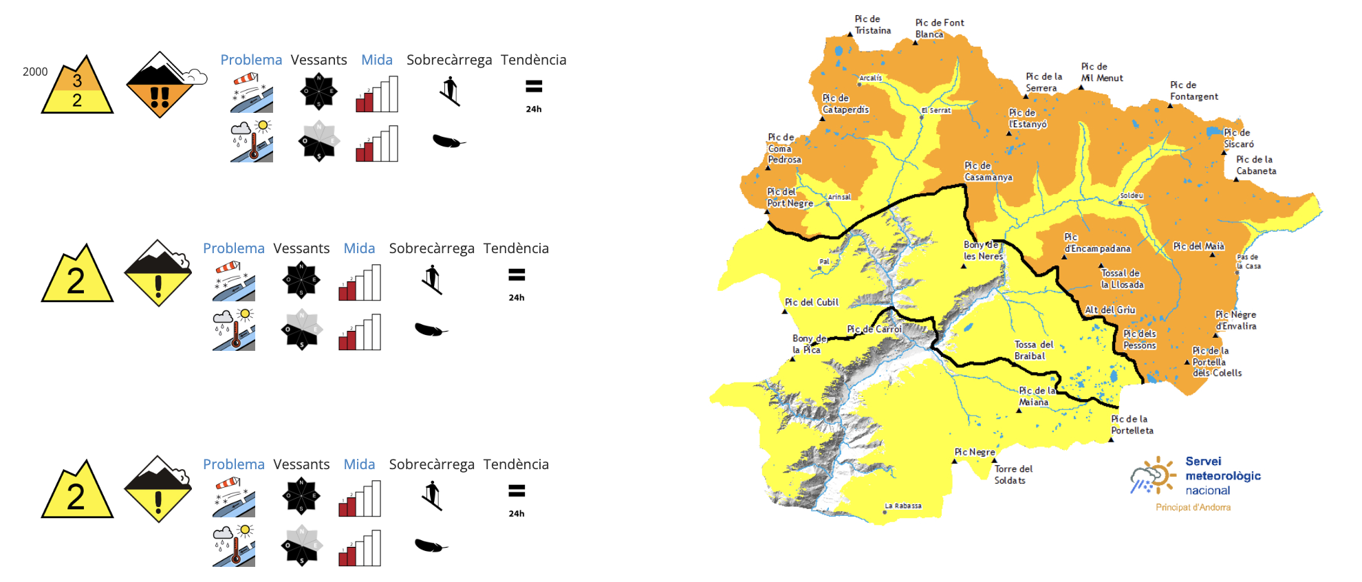 El mapa del servei meteorològic advertint del risc d'allaus. 