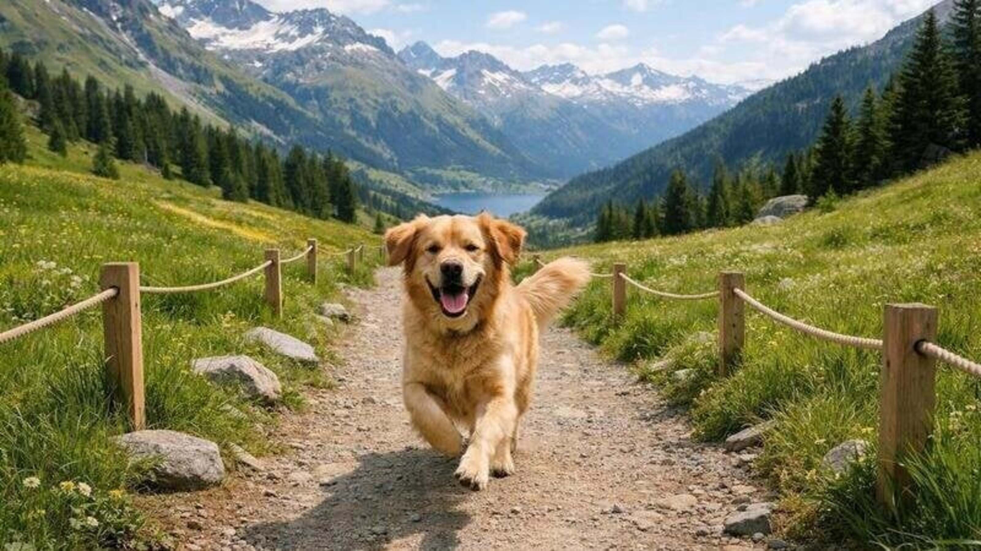 Un gos corrent per un camí de muntanya.