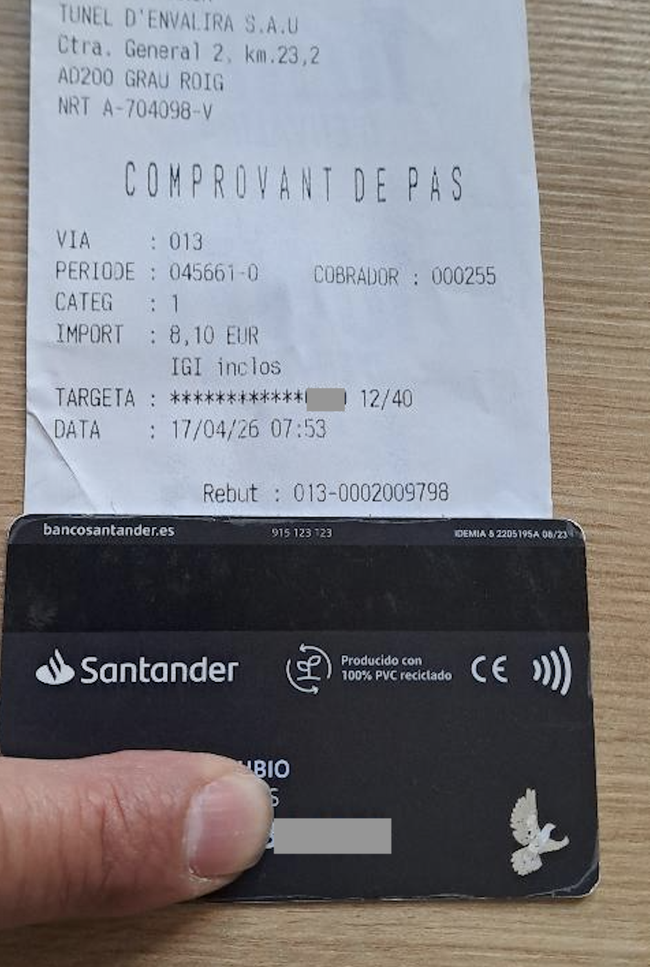 tiquet del peatge del túnel d’Envalira