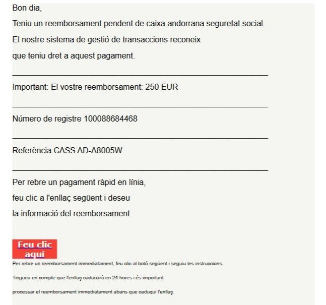 correu electrònic fraudulent que han rebut alguns ciutadans.