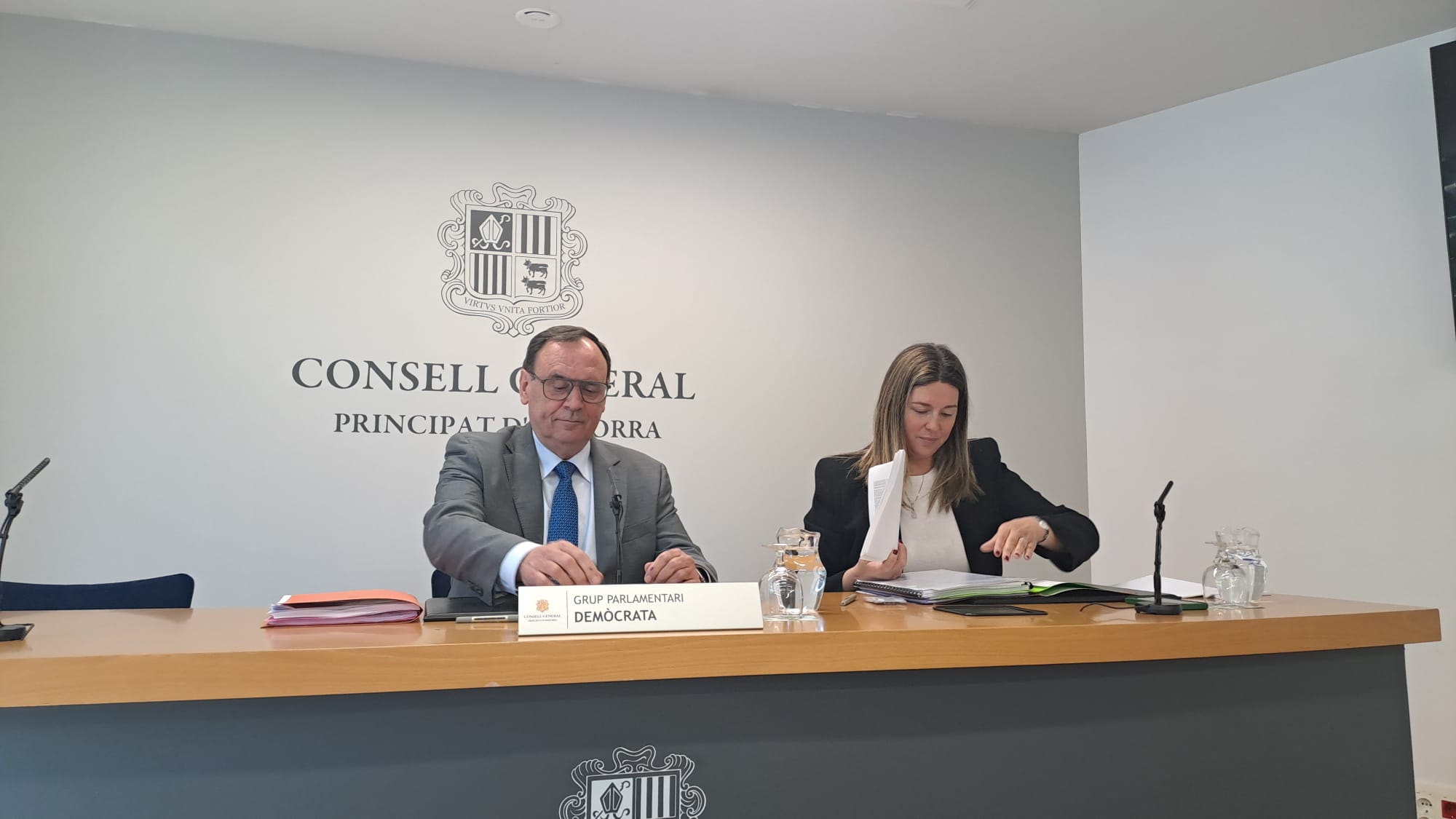 El president del grup parlamentari demòcrata, Jordi Jordana, amb la presidenta suplent Maria Martisella. 