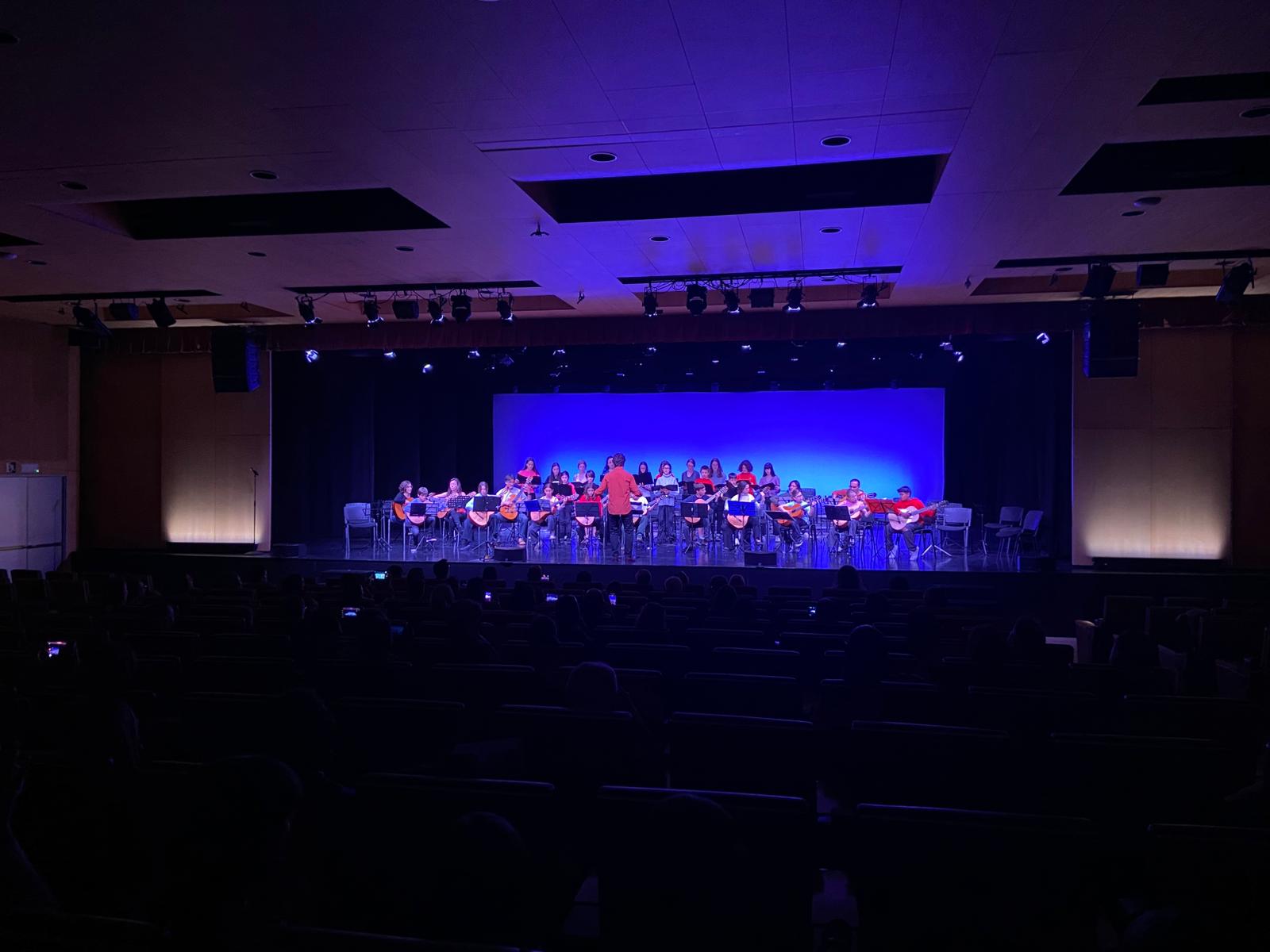 Els alumnes de diversos conservatoris, sobre l'escenari de l'auditori, que s'ha omplert d'unes 100 persones.