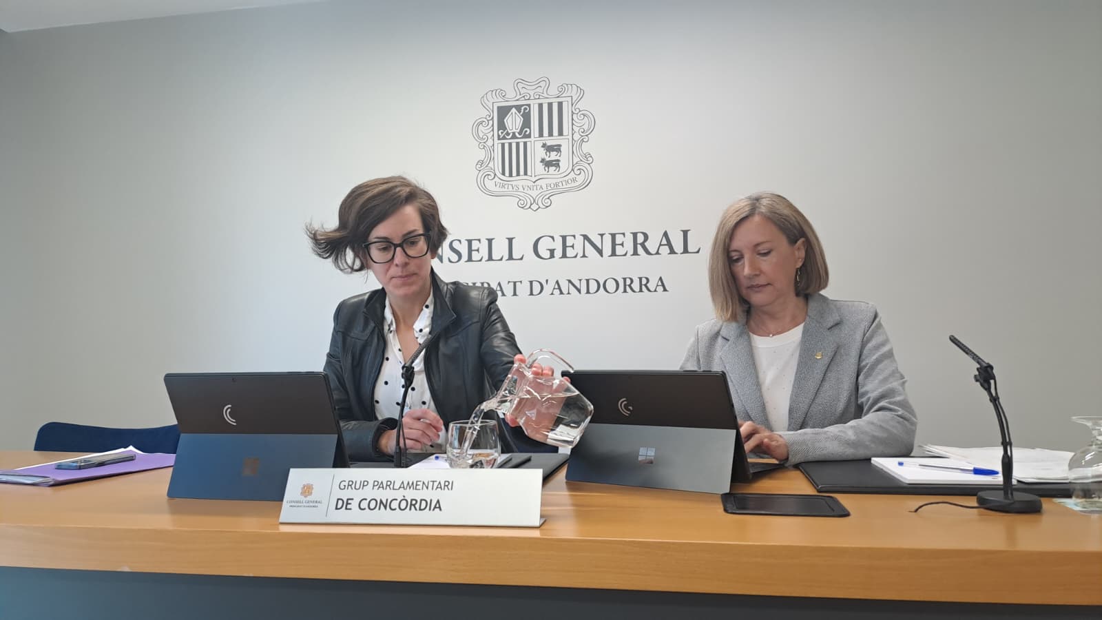 Núria Segués i Maria Àngels Aché, durant la roda de premsa.