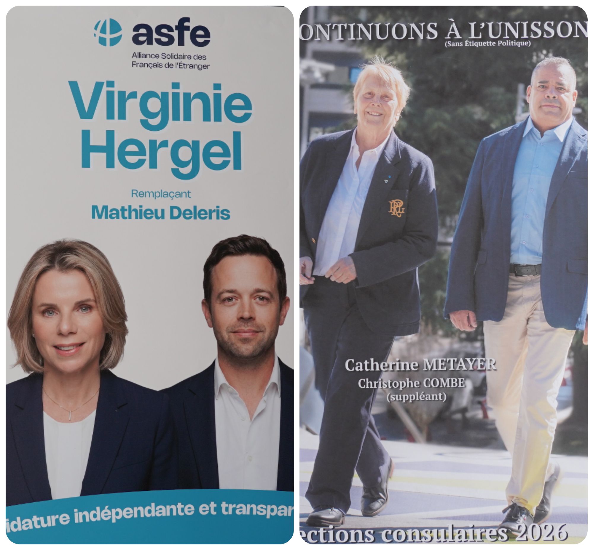 Els dos cartells dels candidats a presidir el consell consular. La portaveu del Sindicat, Rebeca Bonache.