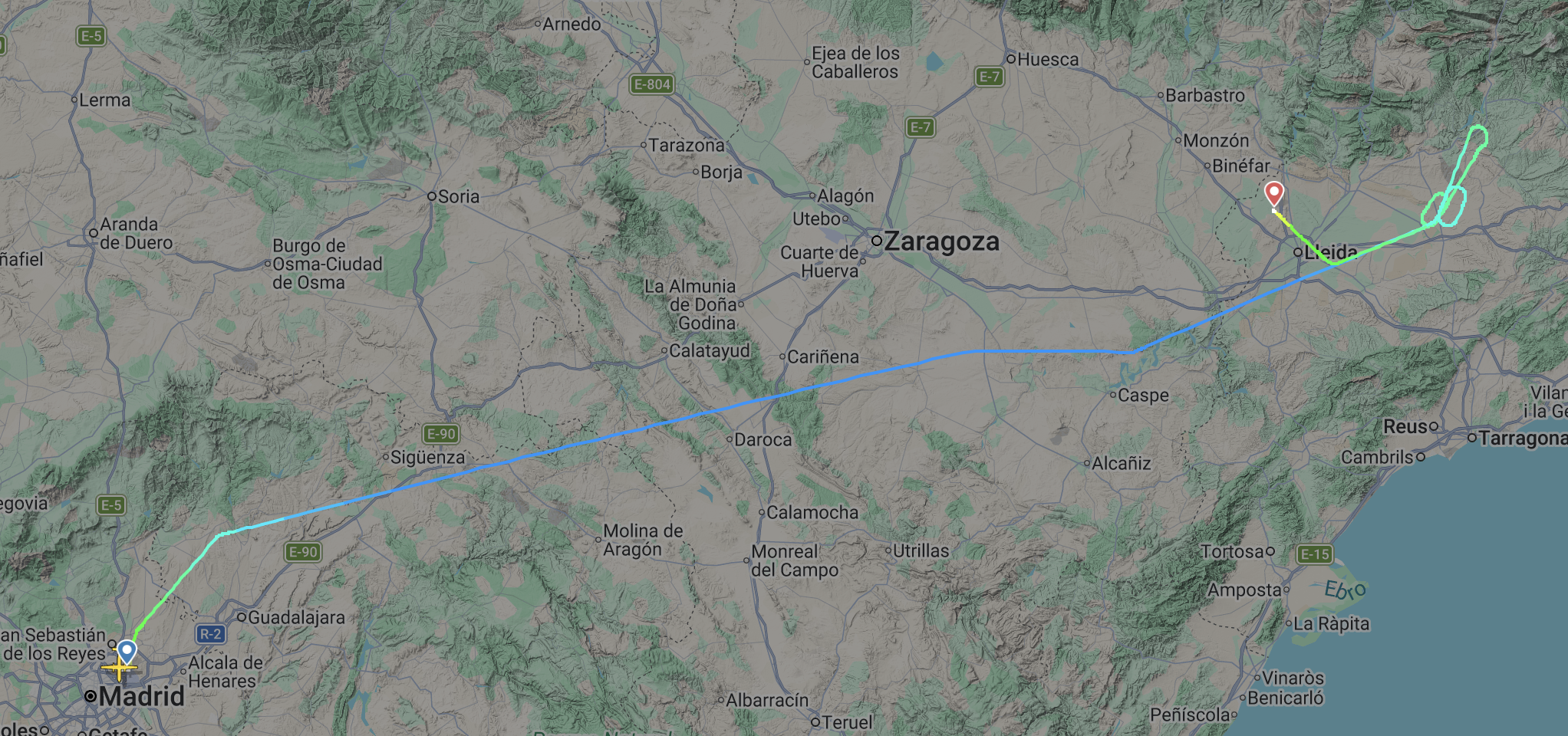 La trajectòria seguida pel vol d'Air Nostrum que s'ha desviat a l'Alguaire. La trajectòria seguida pel vol d'Air Nostrum que s'ha desviat a l'Alguaire.