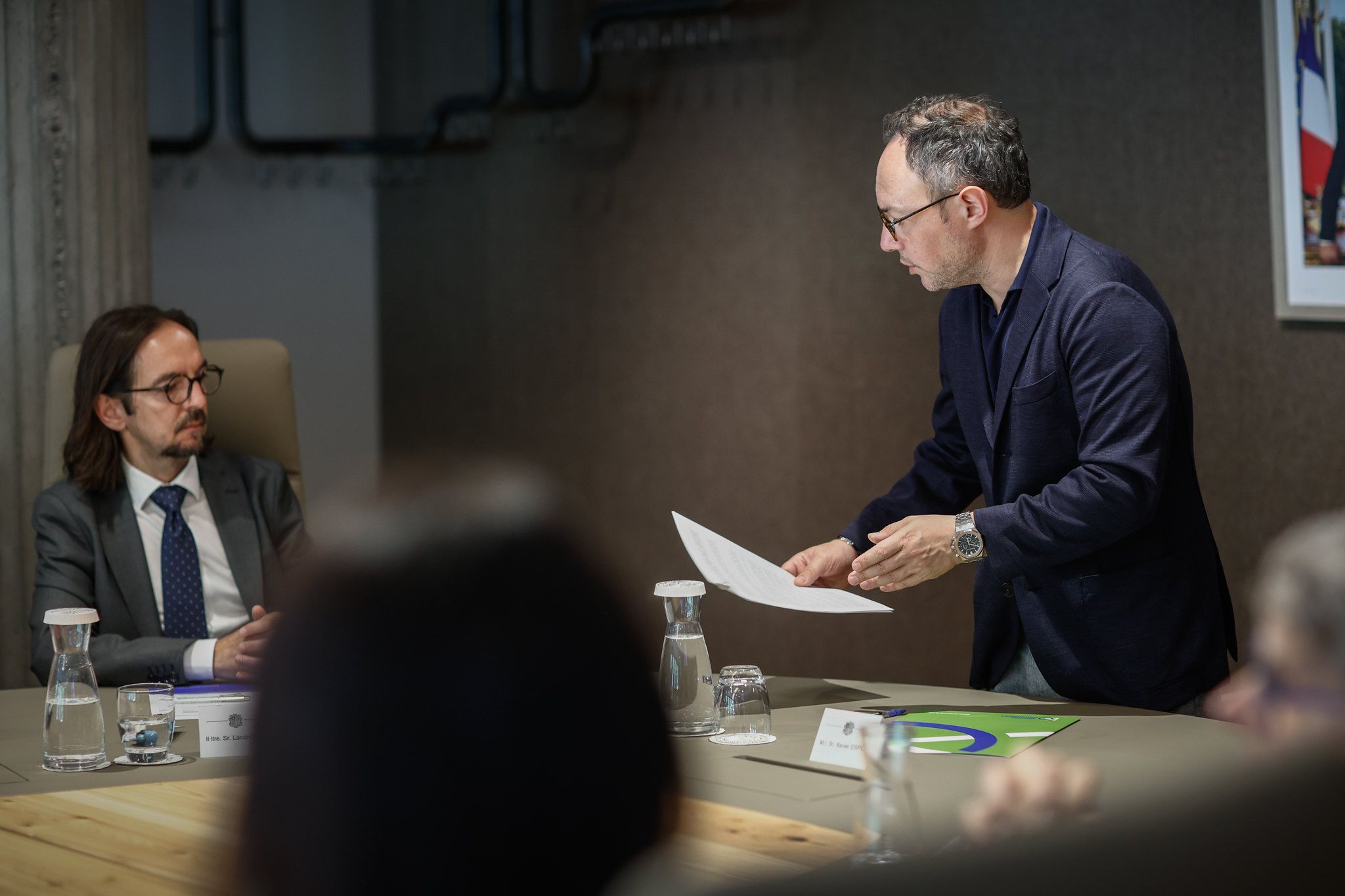 Xavier Espot i Landry Riba a la reunió del pacte d'estat del 3 de juny de 2026 La portaveu del Sindicat, Rebeca Bonache.