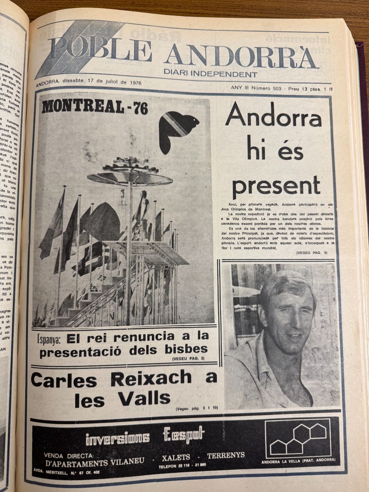 Capçalera del diari independent Poble Andorrà, el 18 de juliol de 1976. La portaveu del Sindicat, Rebeca Bonache.