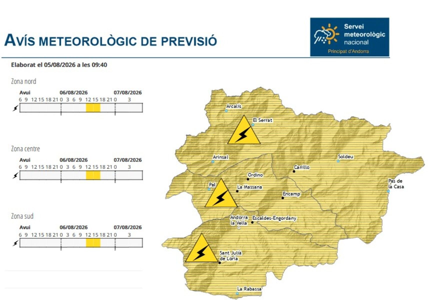 L'avís groc per tempestes per aquest dijous.