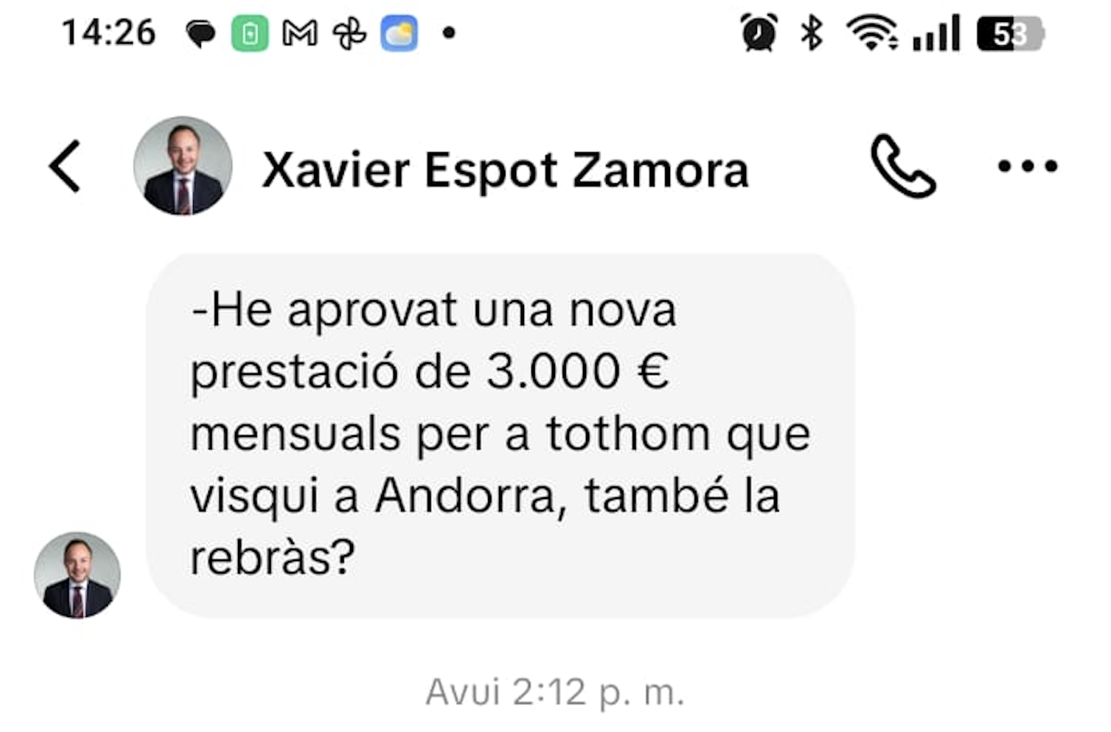 Missatge enviat pel ciberdelinqüent.
