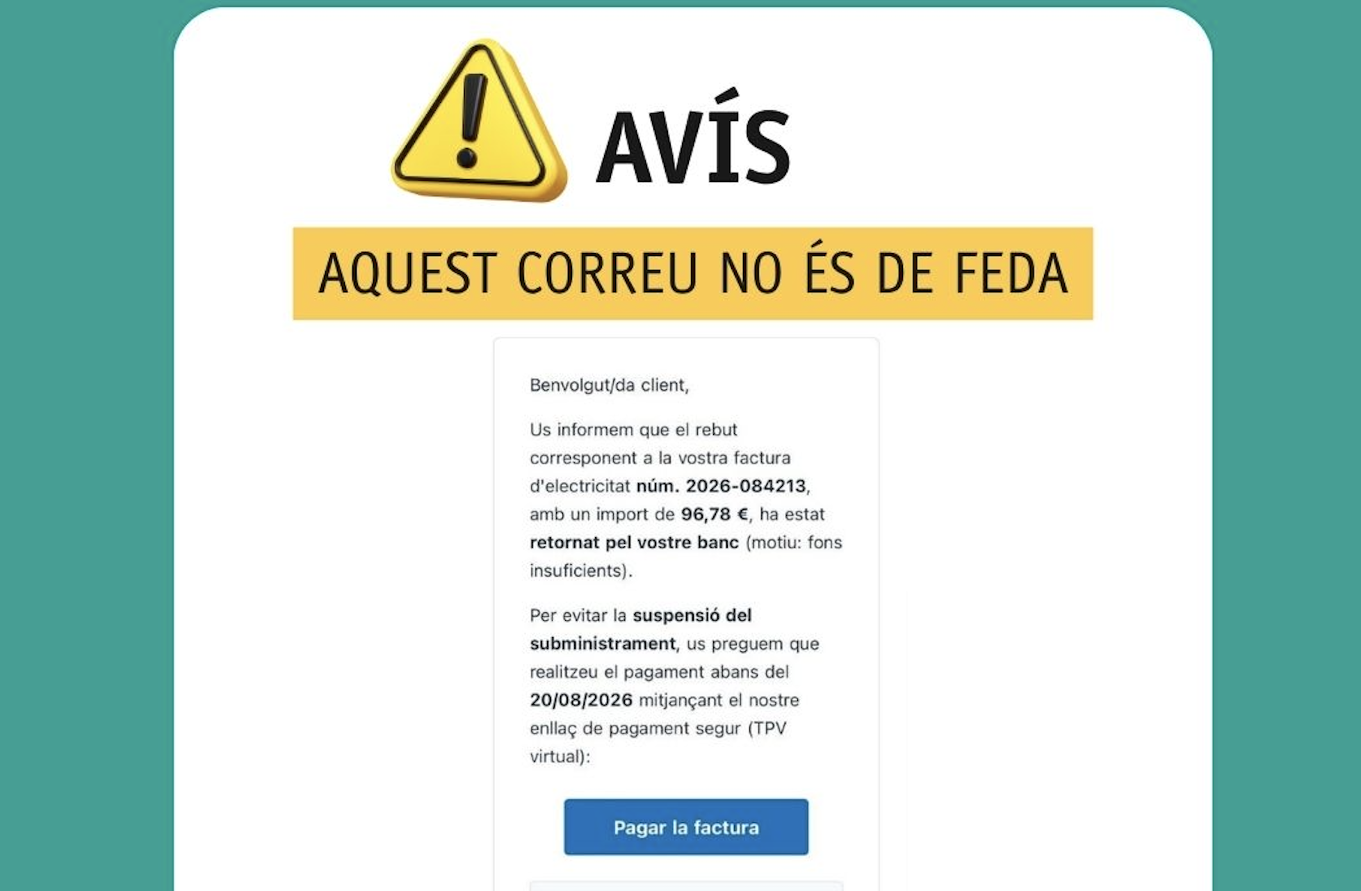 Alerta de FEDA per un correu fraudulent. 