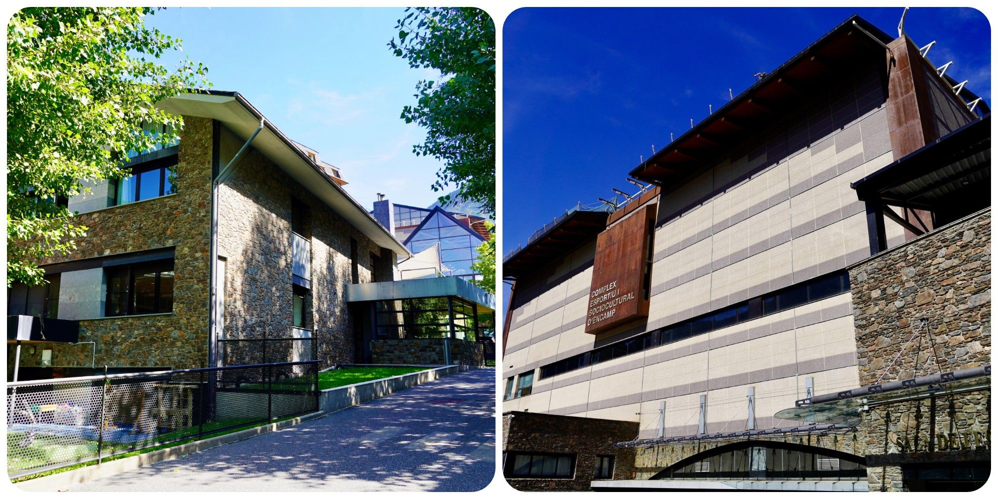 Imatges del Complex Esportiu i de l'escola bressol d'Encamp.