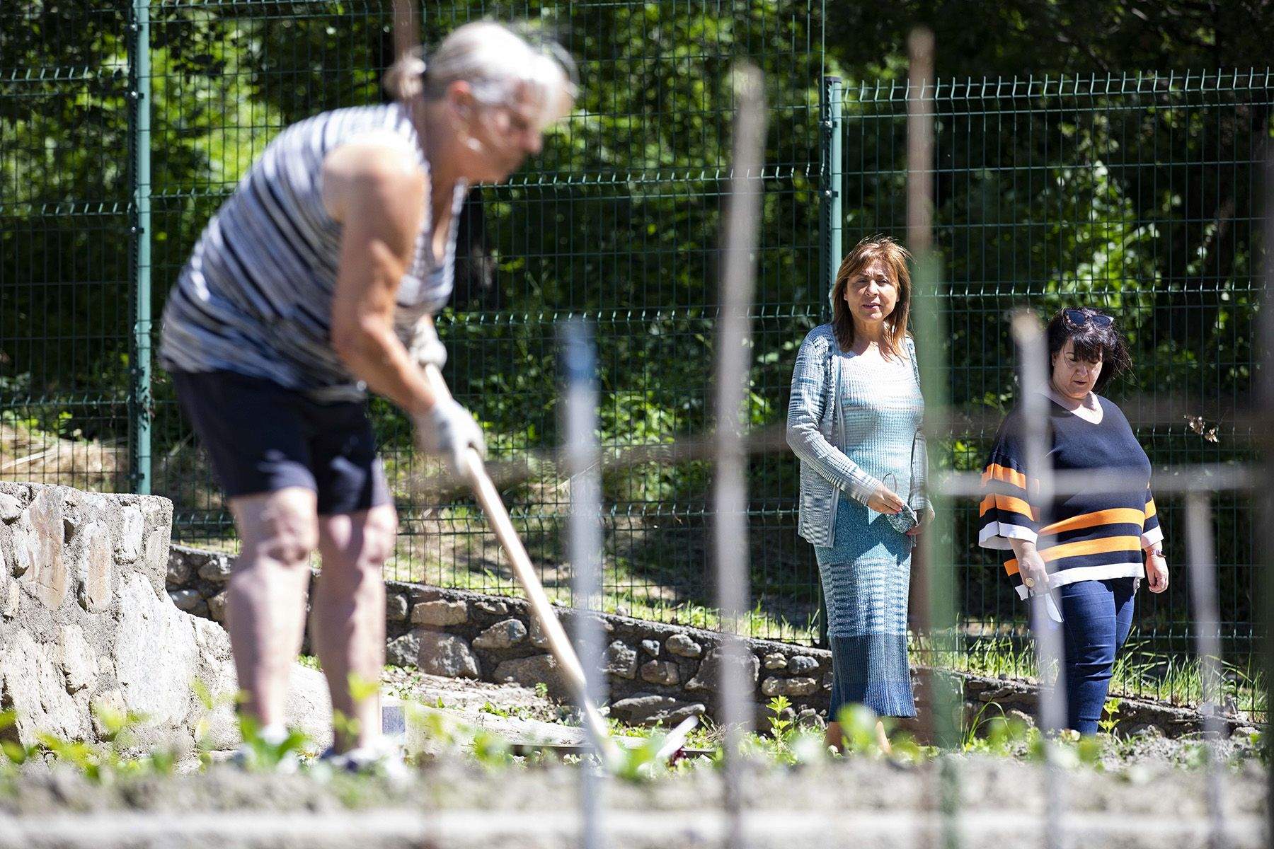 Una padrina treballa a l'hort en presència de la cònsol Conxita Marsol i de la consellera Meritxell Pujol.