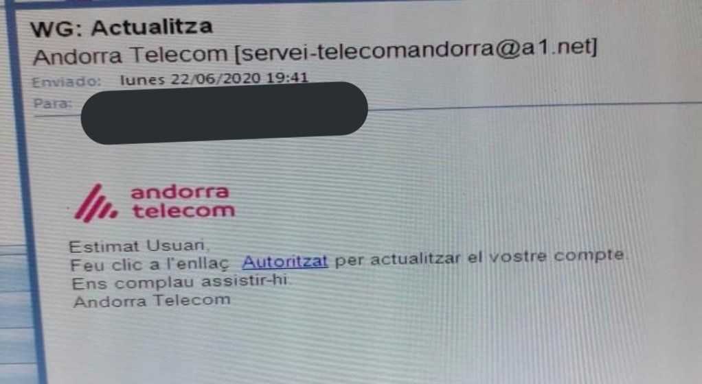 El correu electrònic, on es demanen dades personals suplantant Andorra Telecom.