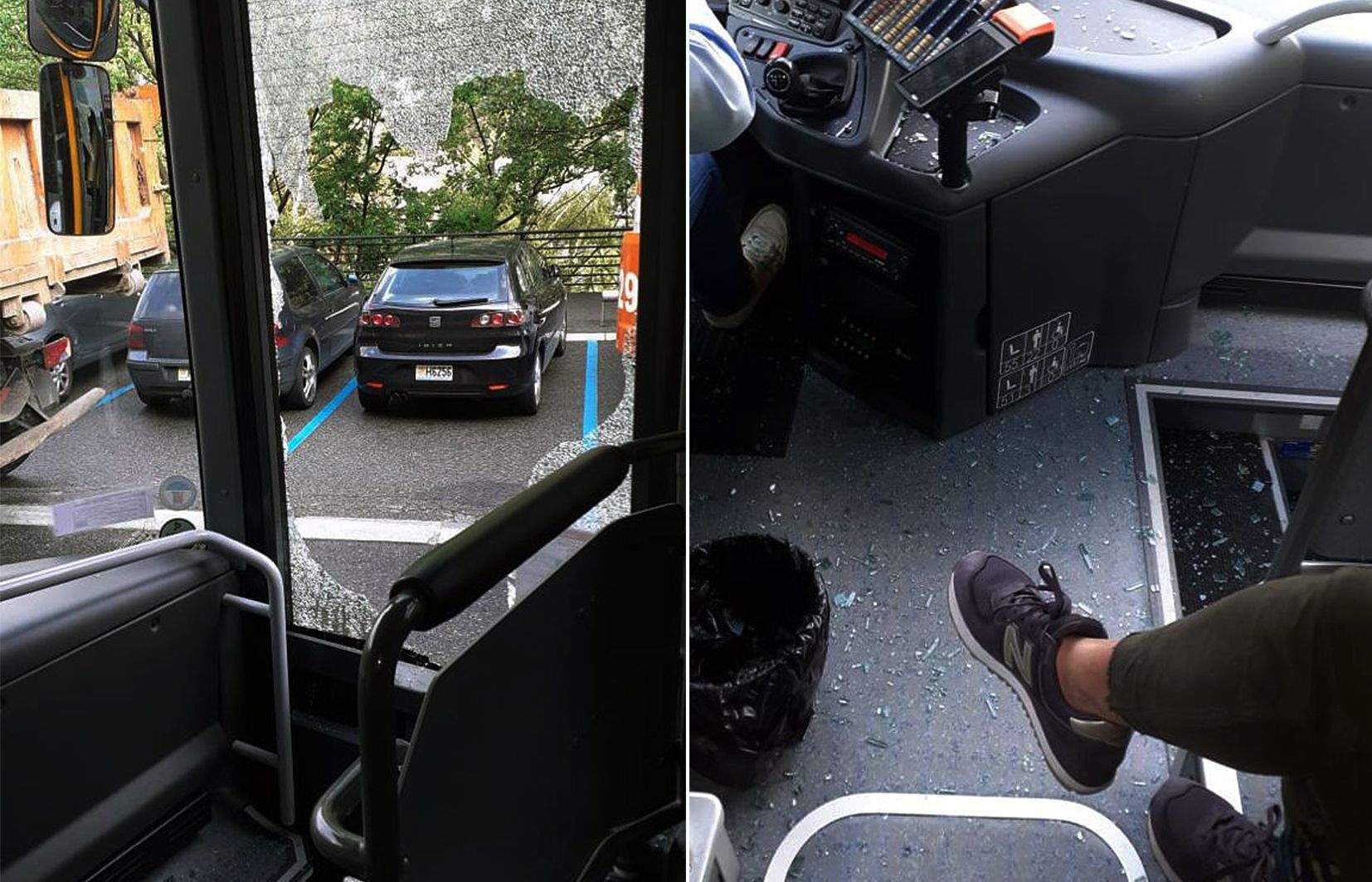 El vidre trencat (esquerra) i restes de la trencadissa al costat del conductor i una passatgera.