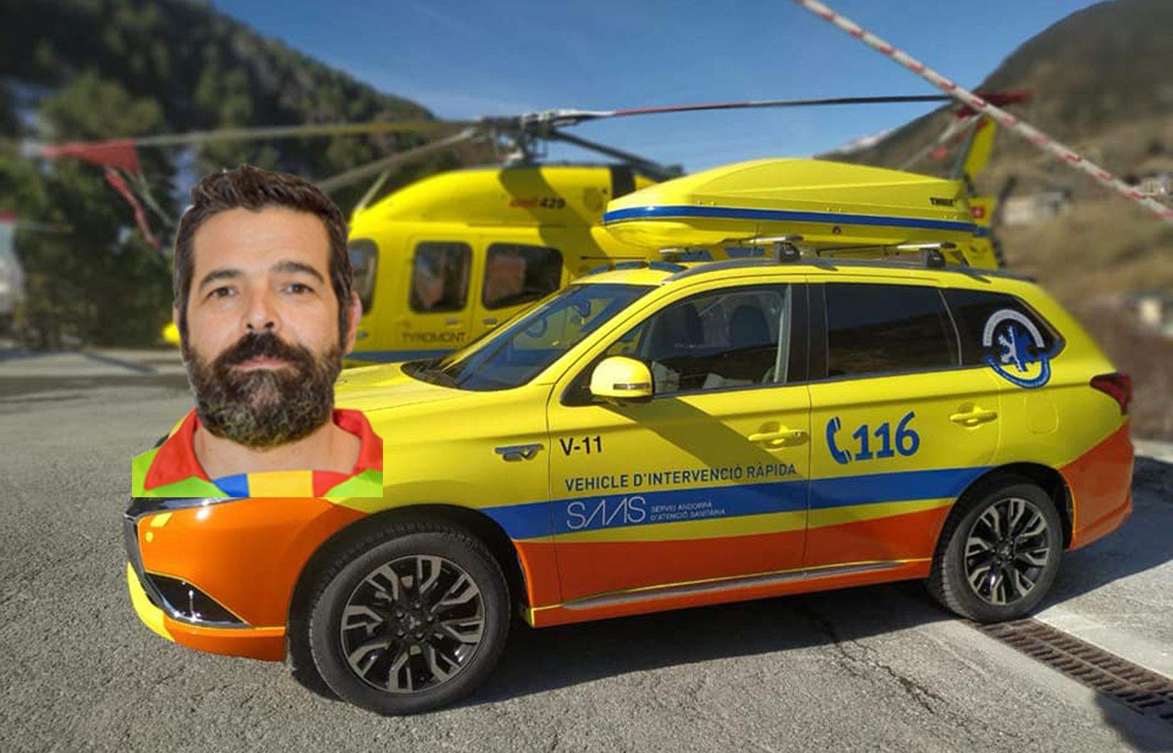 Miguel Ángel Marín en la foto petita, al costat de dos 'aparells' (helicòpter i vehicle d'intervenció ràpida) del transport sanitari.
