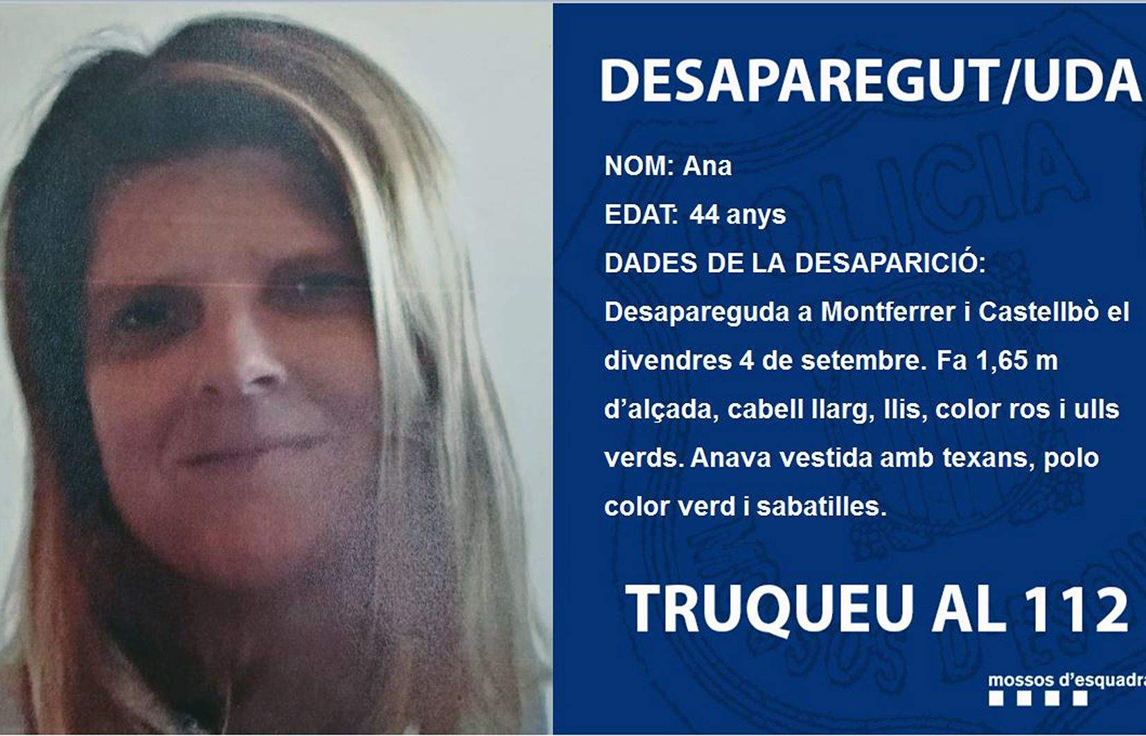La 'fitxa' dels mossos sobre la desapareguda.
