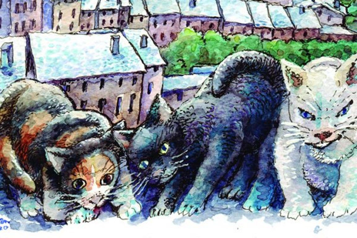’Els gats i la callissa de Sant Julià des d’una perspectiva angular’, aquarel·la de Sergi Mas.