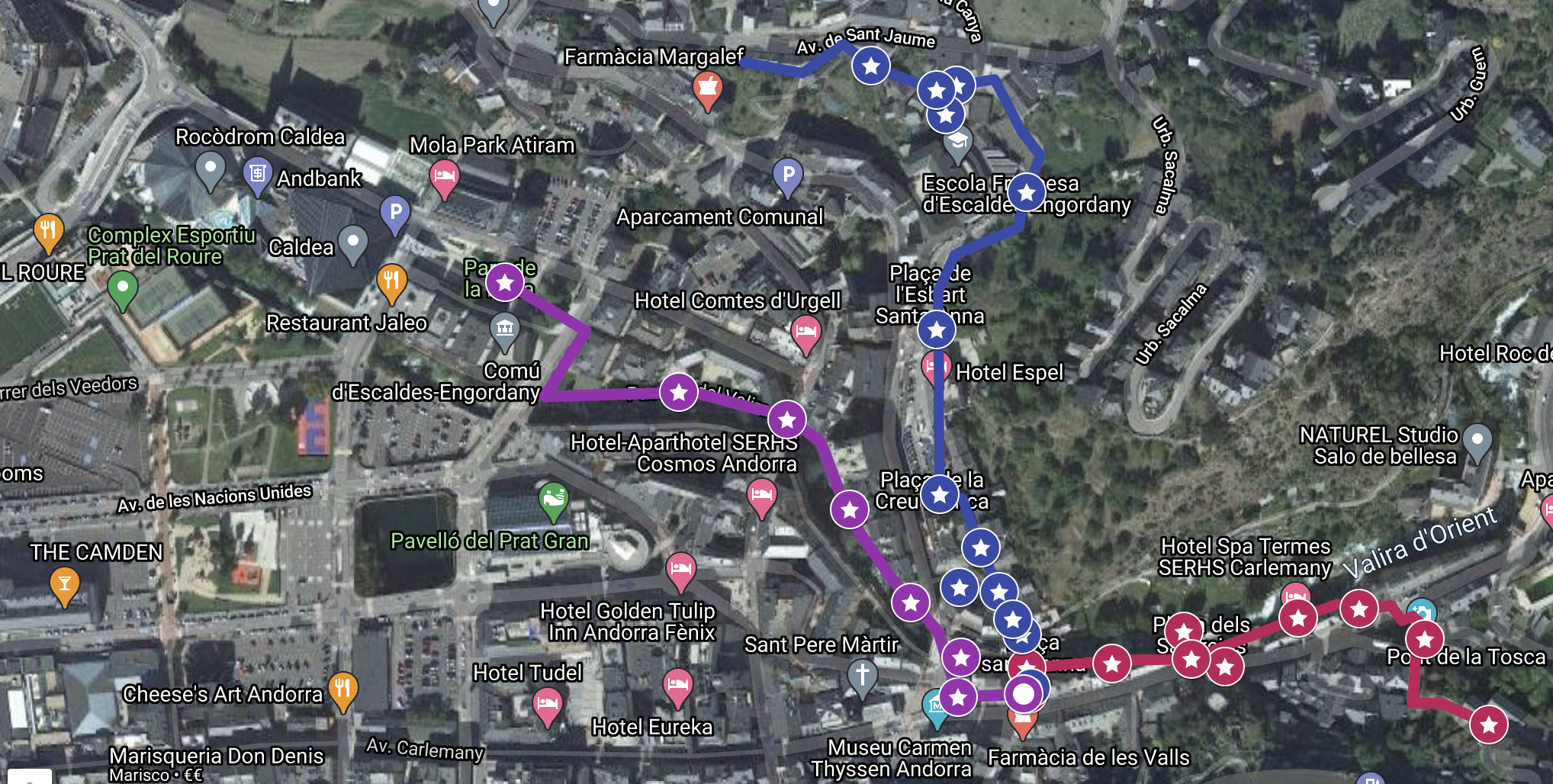 El mapa amb els tres recorreguts del projecte Caldes