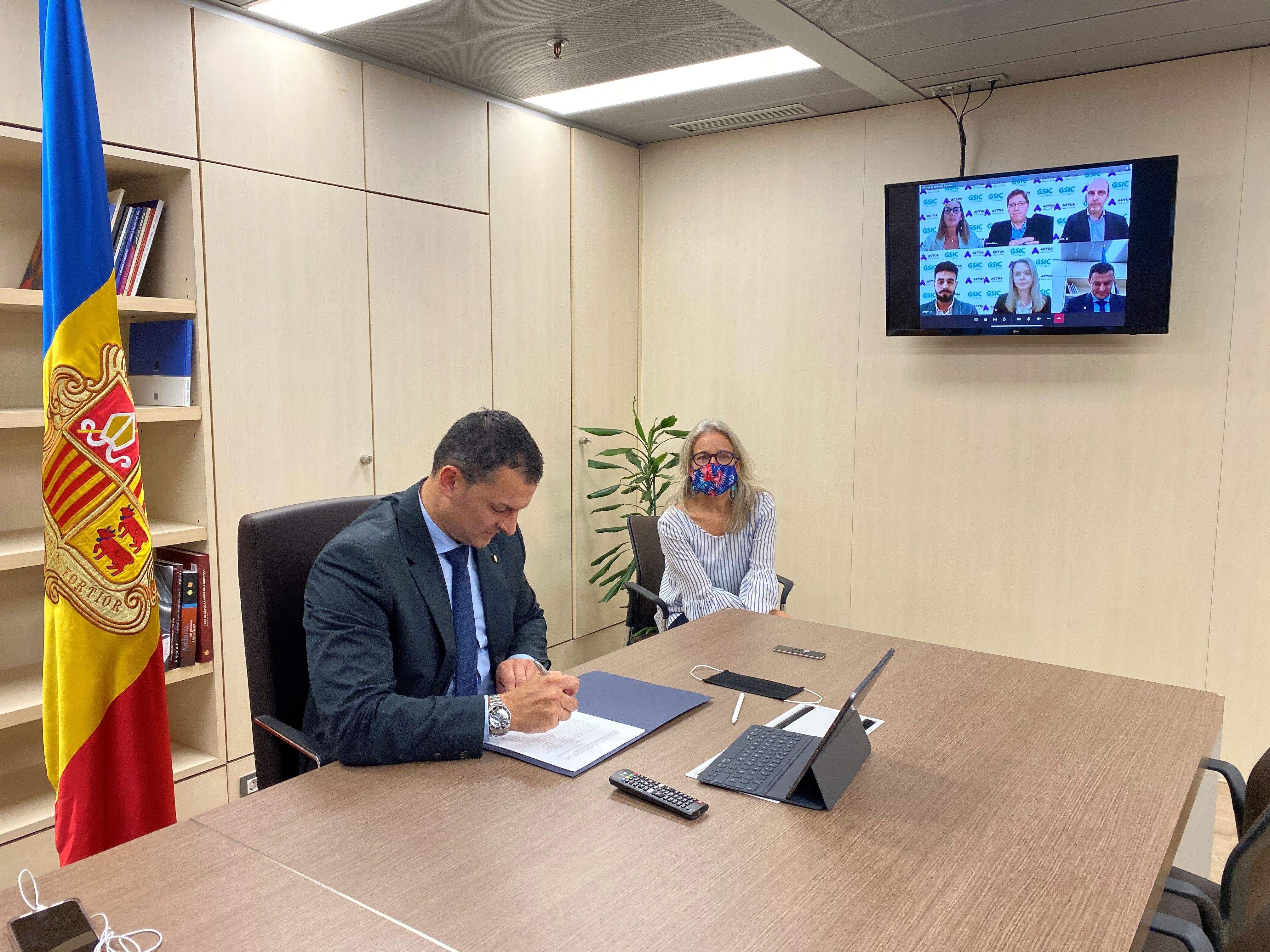 El ministre de Presidència, Economia i Empresa d’Andorra i president d’Actua, Jordi Gallardo, durant una reunió telemàtica