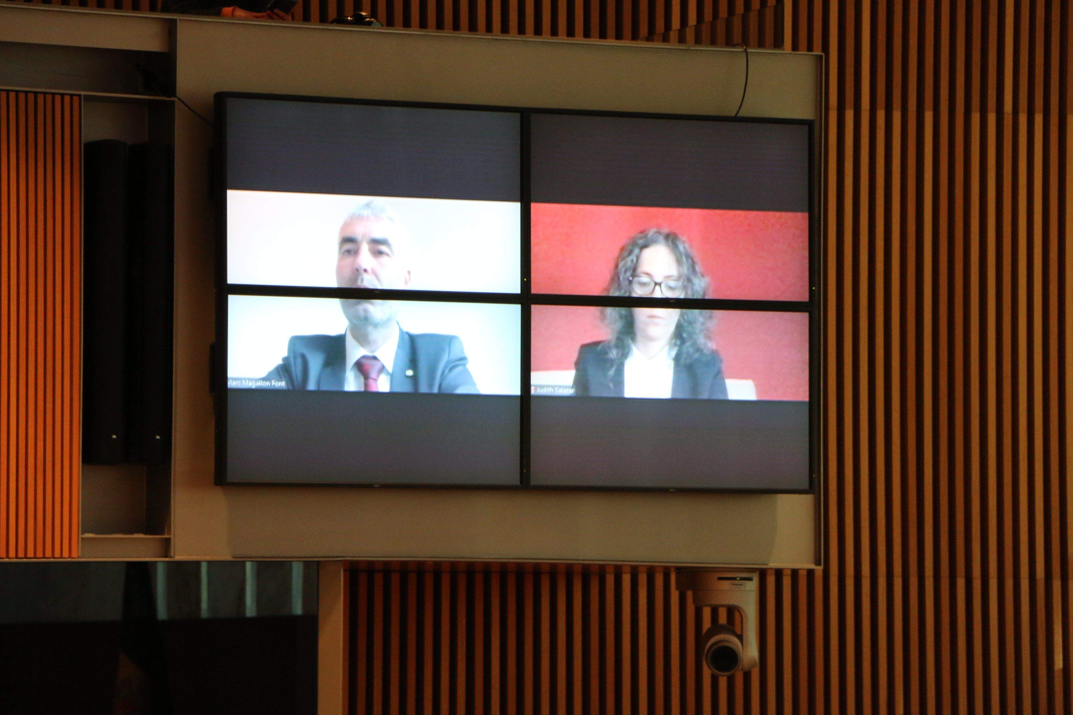 Marc Magallón i Judith Salazar han seguit la sessió per videoconferència. La portaveu del Sindicat, Rebeca Bonache.