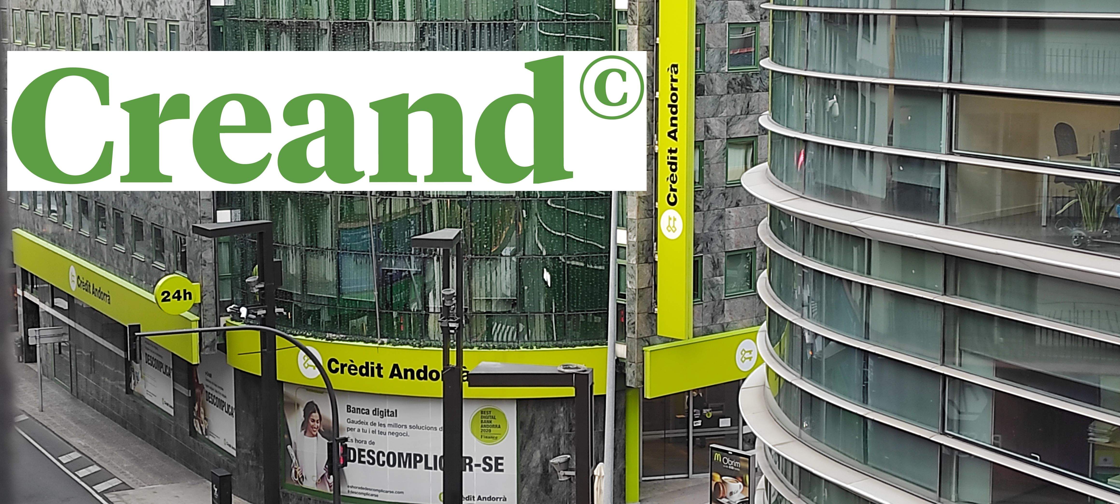 Una imatge de la seu central de Crèdit Andorrà, aquest matí, amb la imatge de la nova marca sobreposada.