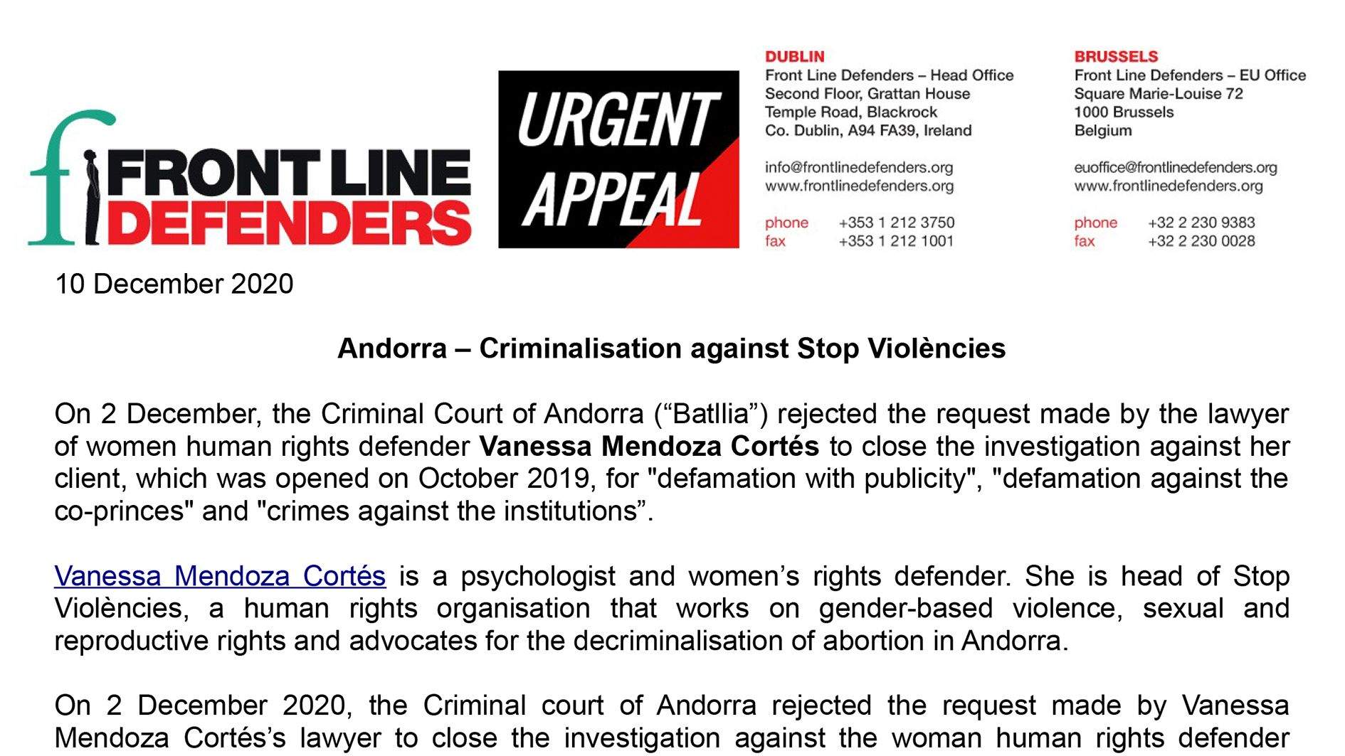 Fragment del comunicat de Front Line Defenders.