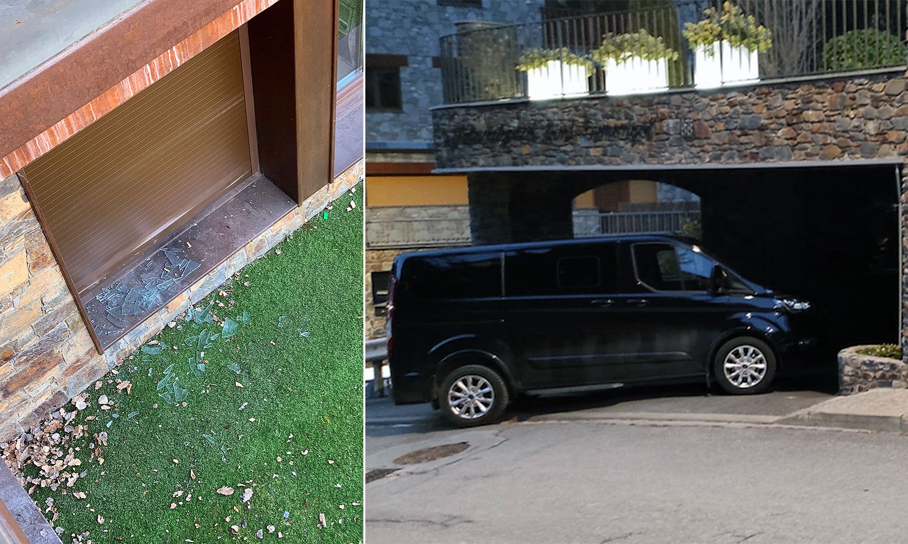 Els GIPA, que van arribar amb la 'seva' furgoneta al xalet del Sant Ermengol (dreta); van trencar una vidriera de la terrassa per entrar al pis de Can Noguer (esquerra). Els GIPA, que van arribar amb la 'seva' furgoneta al xalet del Sant Ermengol (dreta); van trencar una vidriera de la terrassa per entrar al pis de Can Noguer (esquerra).