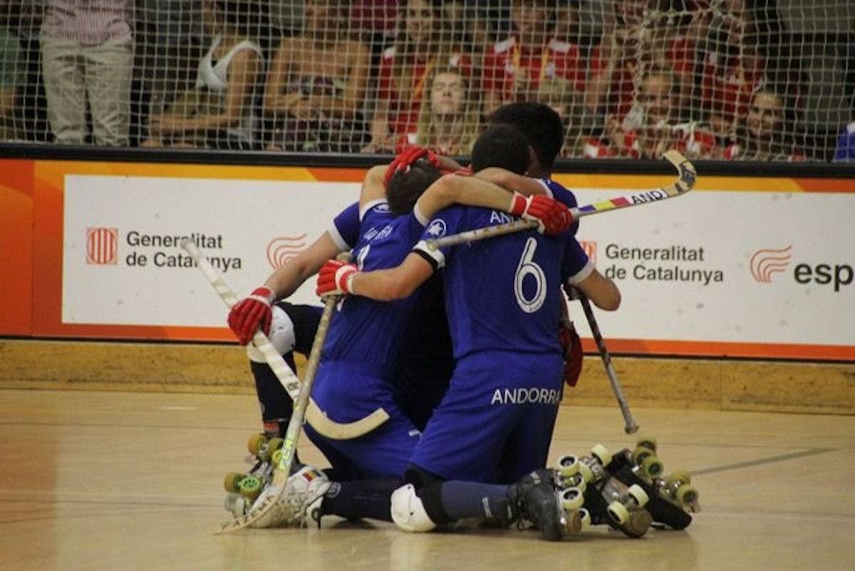 Jugadors de la selecció nacional d'hoquei celebren un gol.
