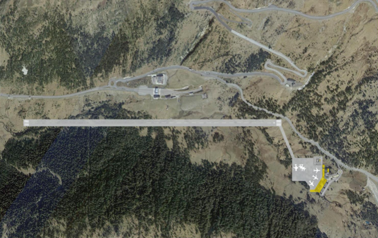 Simulació de l'aeroport amb la pista i l zona d'aparcament dels avions, a la dreta de la imatge. A l'esquerra la carretera general.