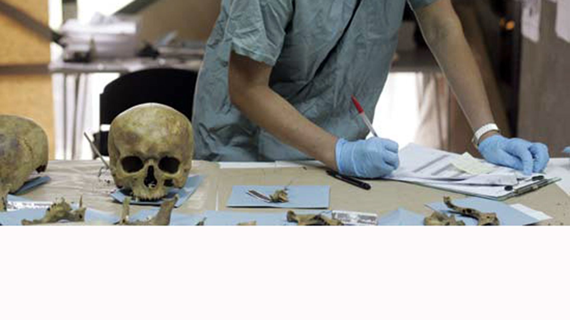 Una metgessa forense analitzant els ossos d'un cadàver.