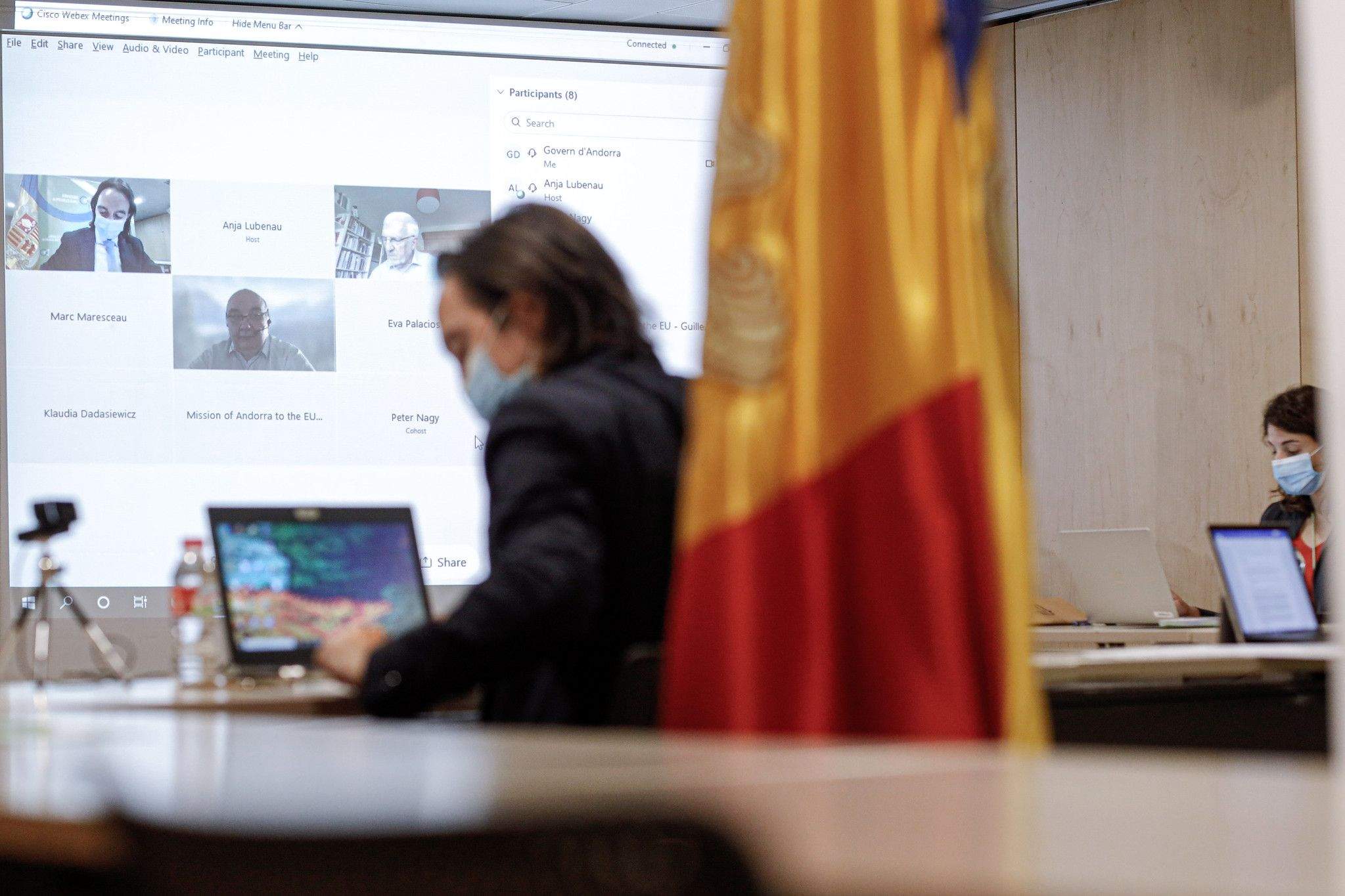 Landry Riba, durant una reunió telemàtica amb la delegació de la UE.