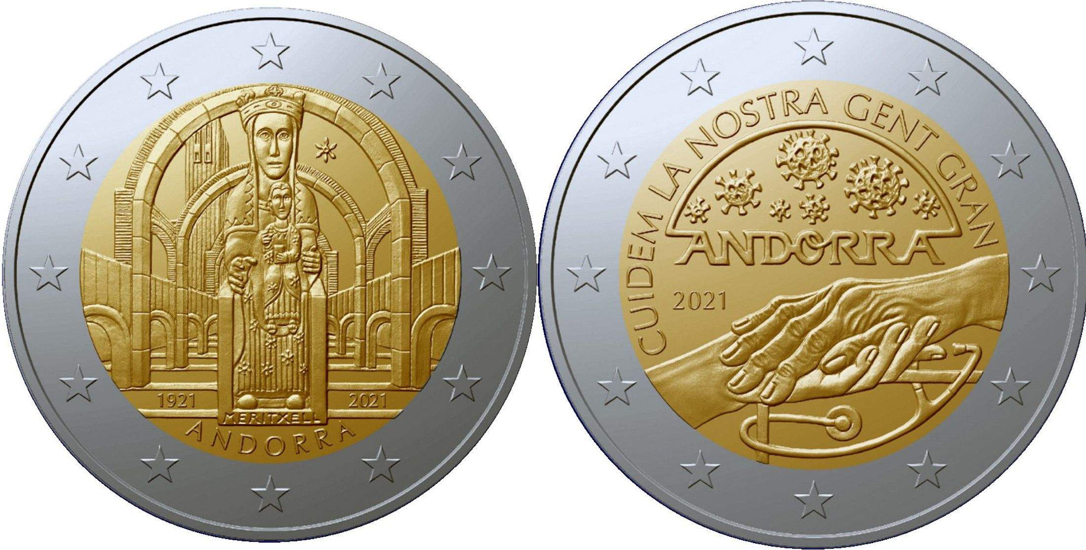 Les dues monedes commeoratives del 2021, dedicades a la coronació de Meritxell i a la gent gran.
