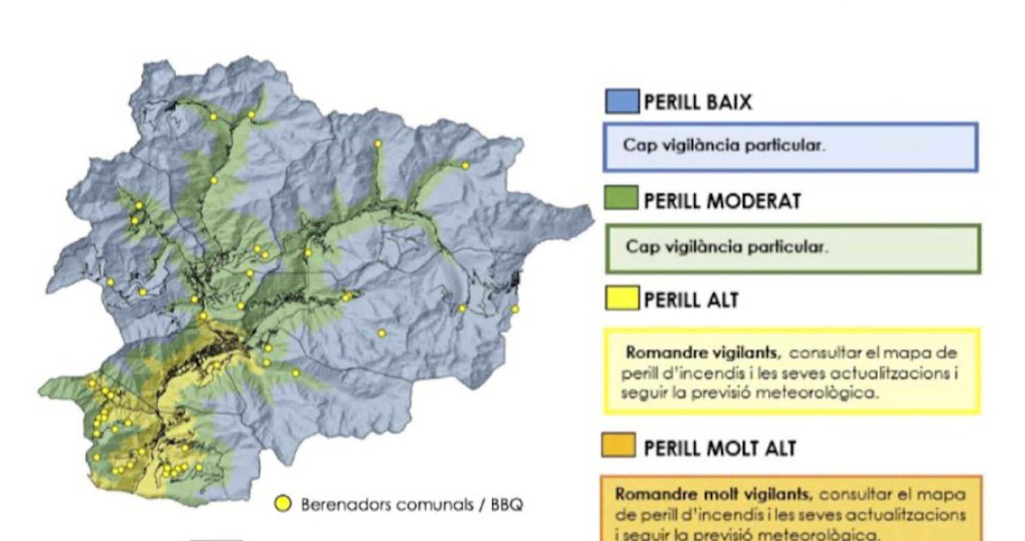 El mapa de risc d'incendi forestal a Andorra.