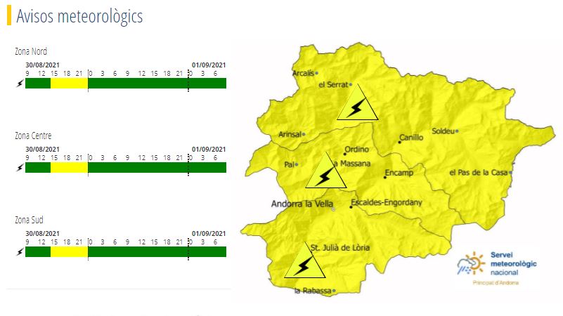 El mapa d'avís groc que afecta a Andorra.