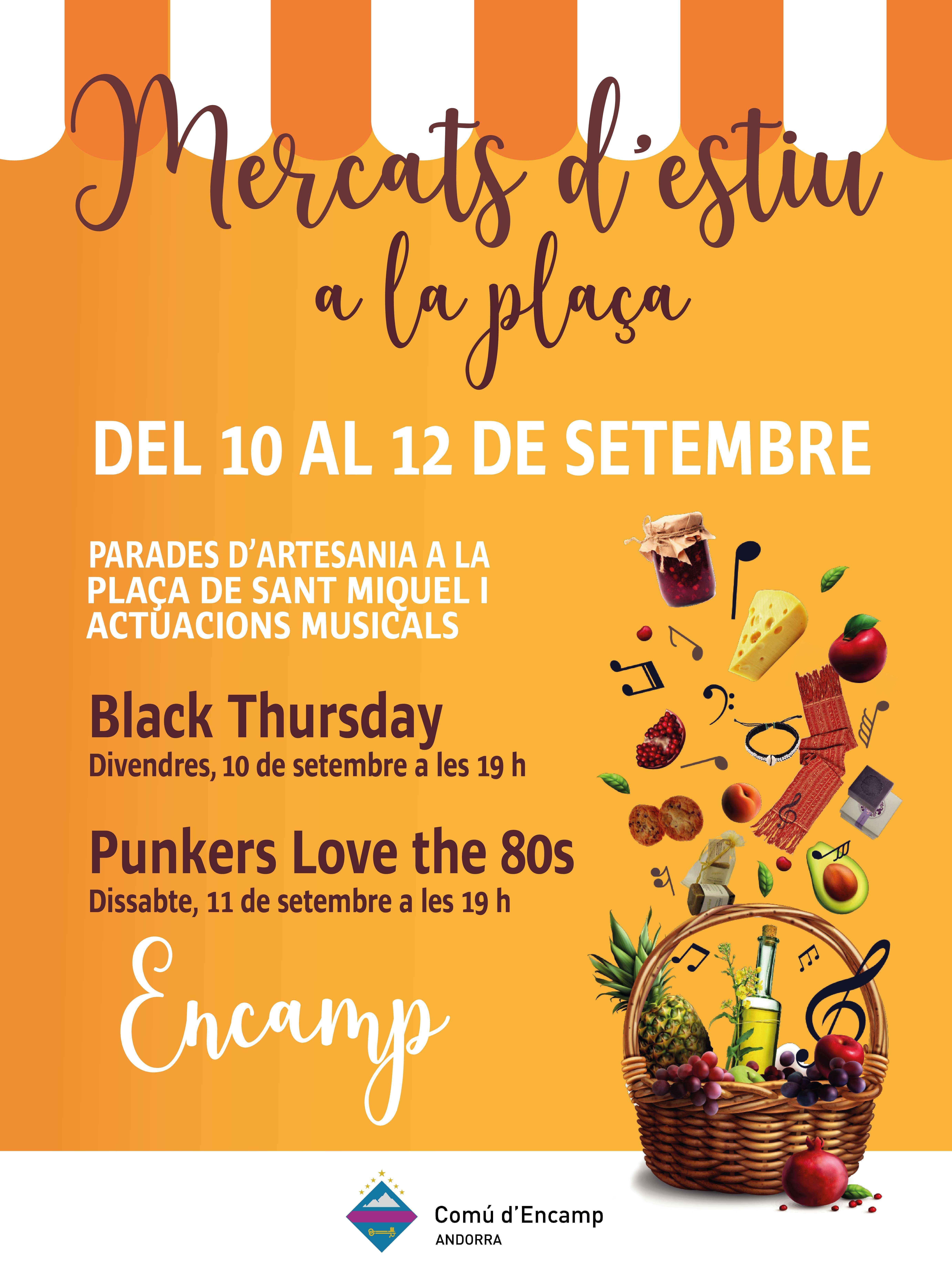 Cartell dels Mercats d'Estiu a la plaça d'Encamp