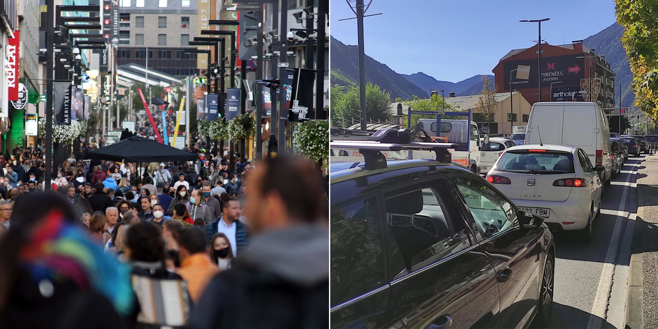 L'avinguda Meritxell (esquerra) i l'avinguda Tarragona (a la dreta), plenes de gent i de cotxes.