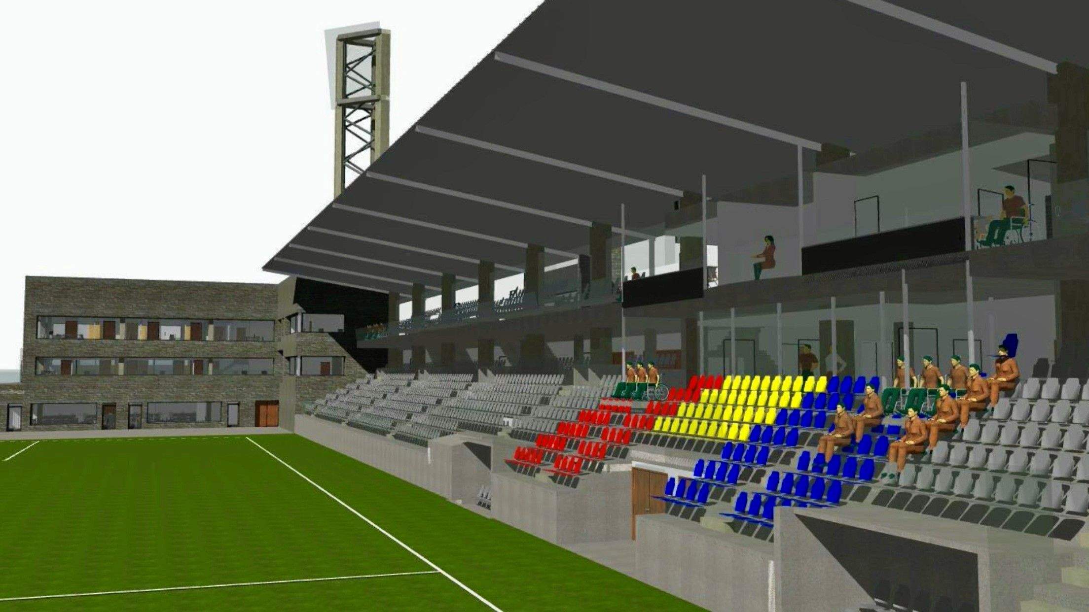 Representació de com serà la tribuna del futur estadi.