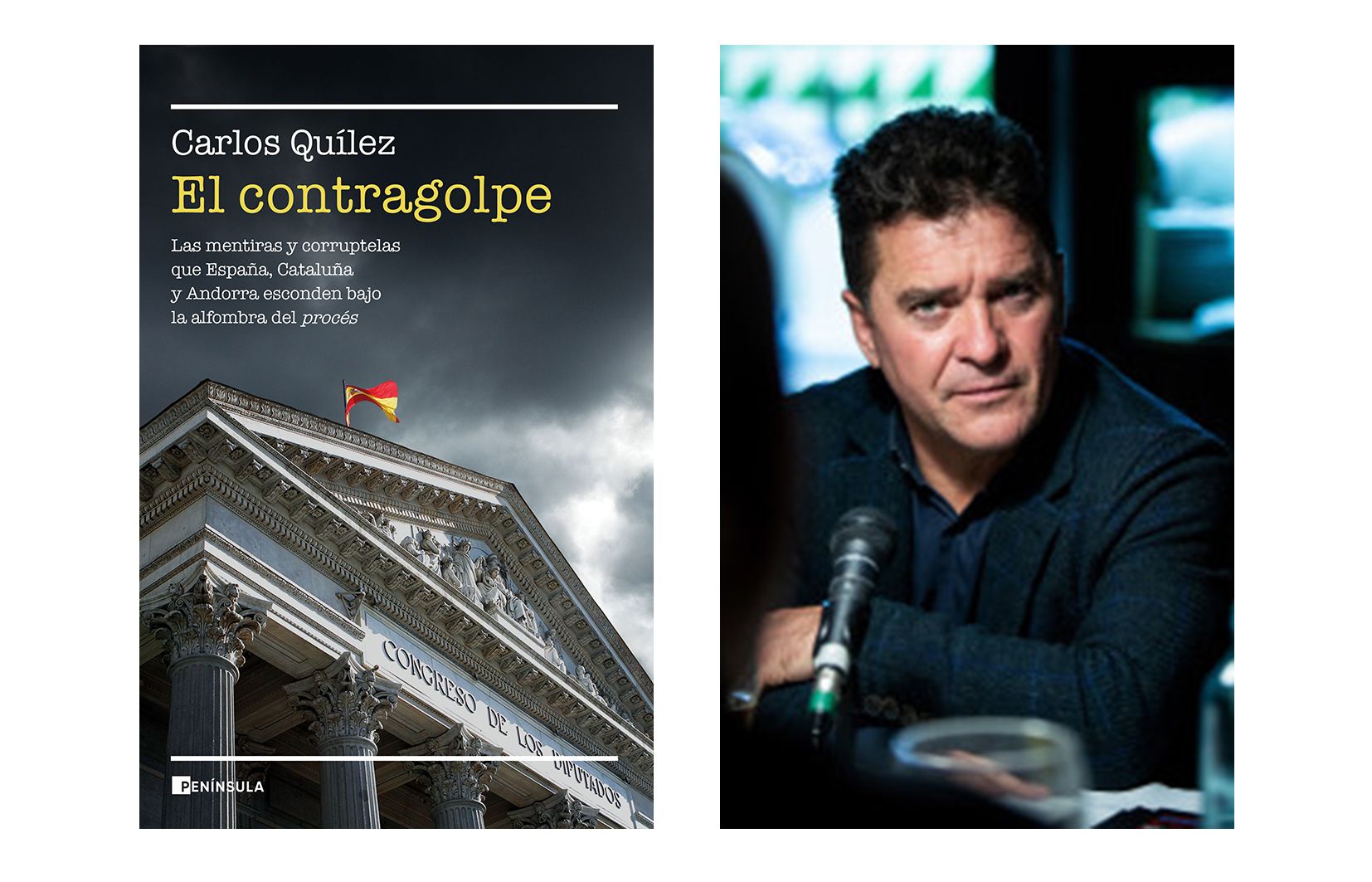La portada del llibre i una foto del seu autor, Carlos Quílez. La portaveu del Sindicat, Rebeca Bonache.