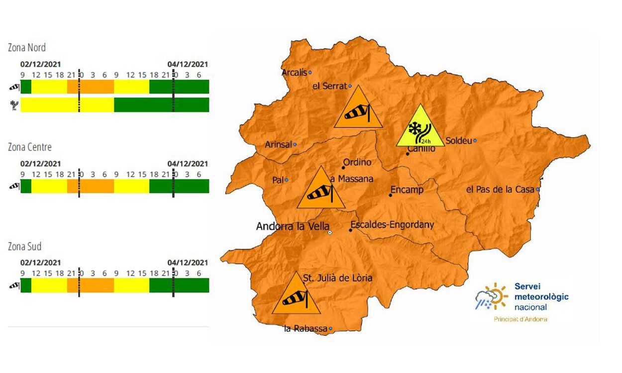 Mapa de l'alerta taronja per vent i neu.